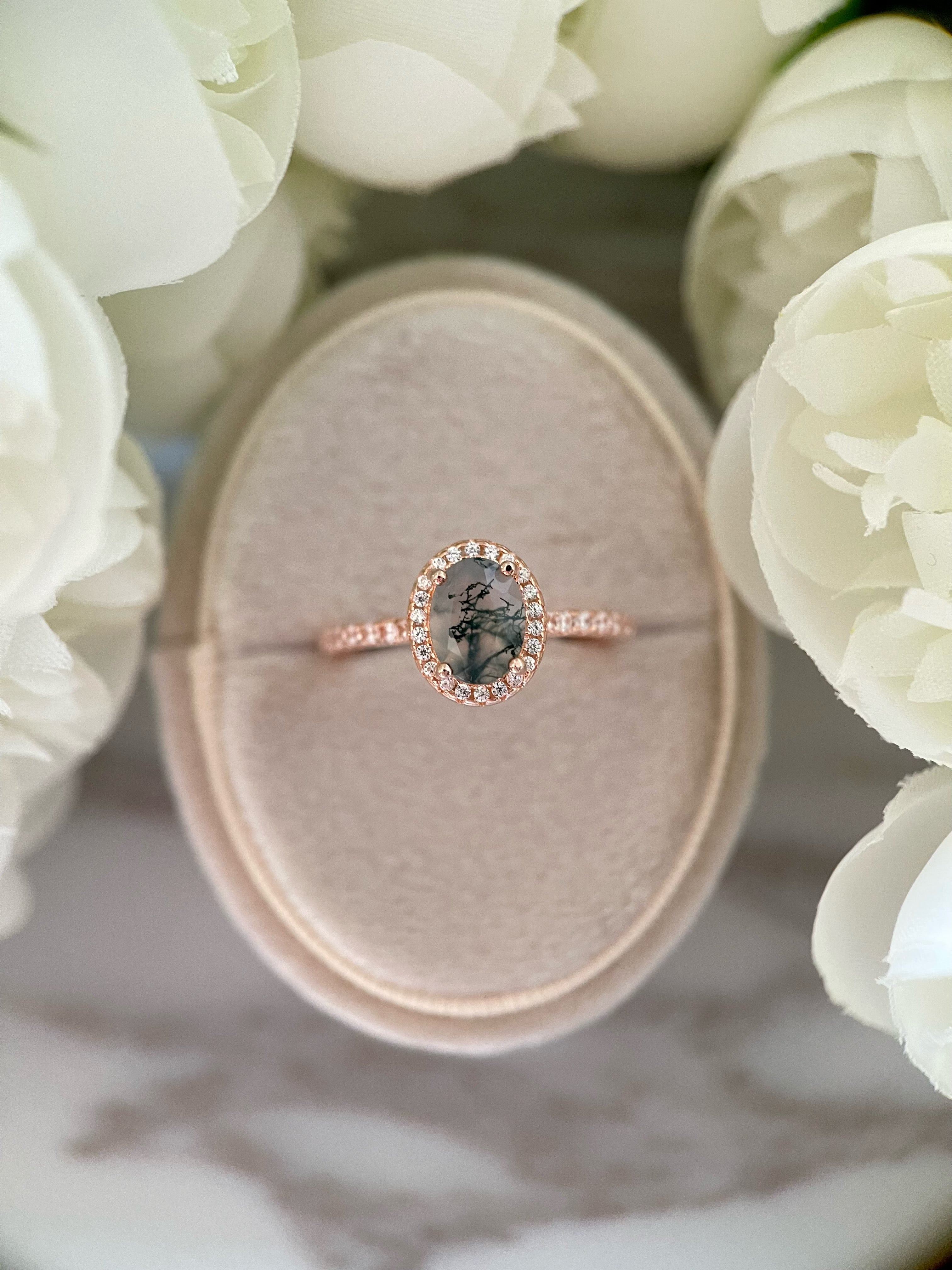 【Bosquet Enchanté】Bague de fiançailles unique en agate mousse naturelle faite à la main, 1,5 ct, forme ovale