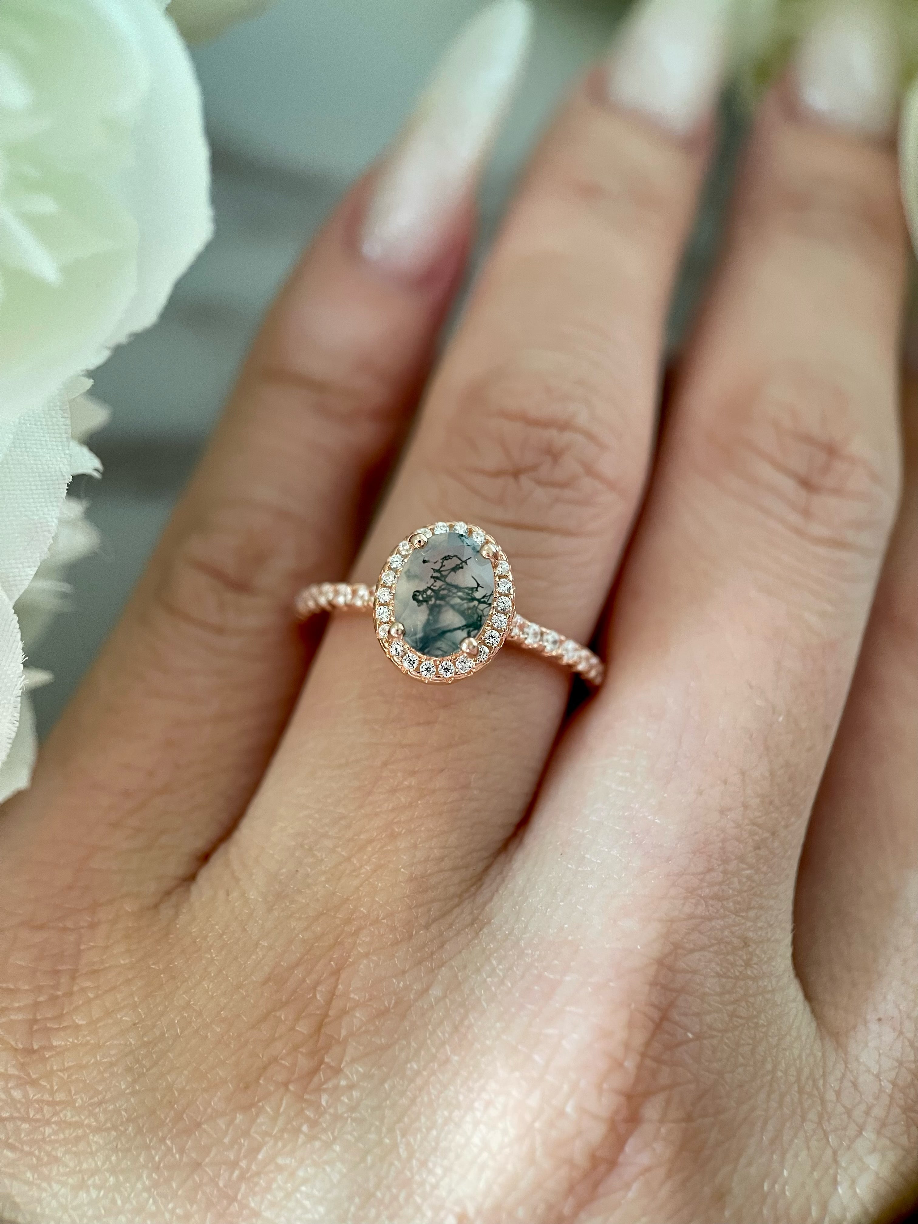 【Bosquet Enchanté】Bague de fiançailles unique en agate mousse naturelle faite à la main, 1,5 ct, forme ovale