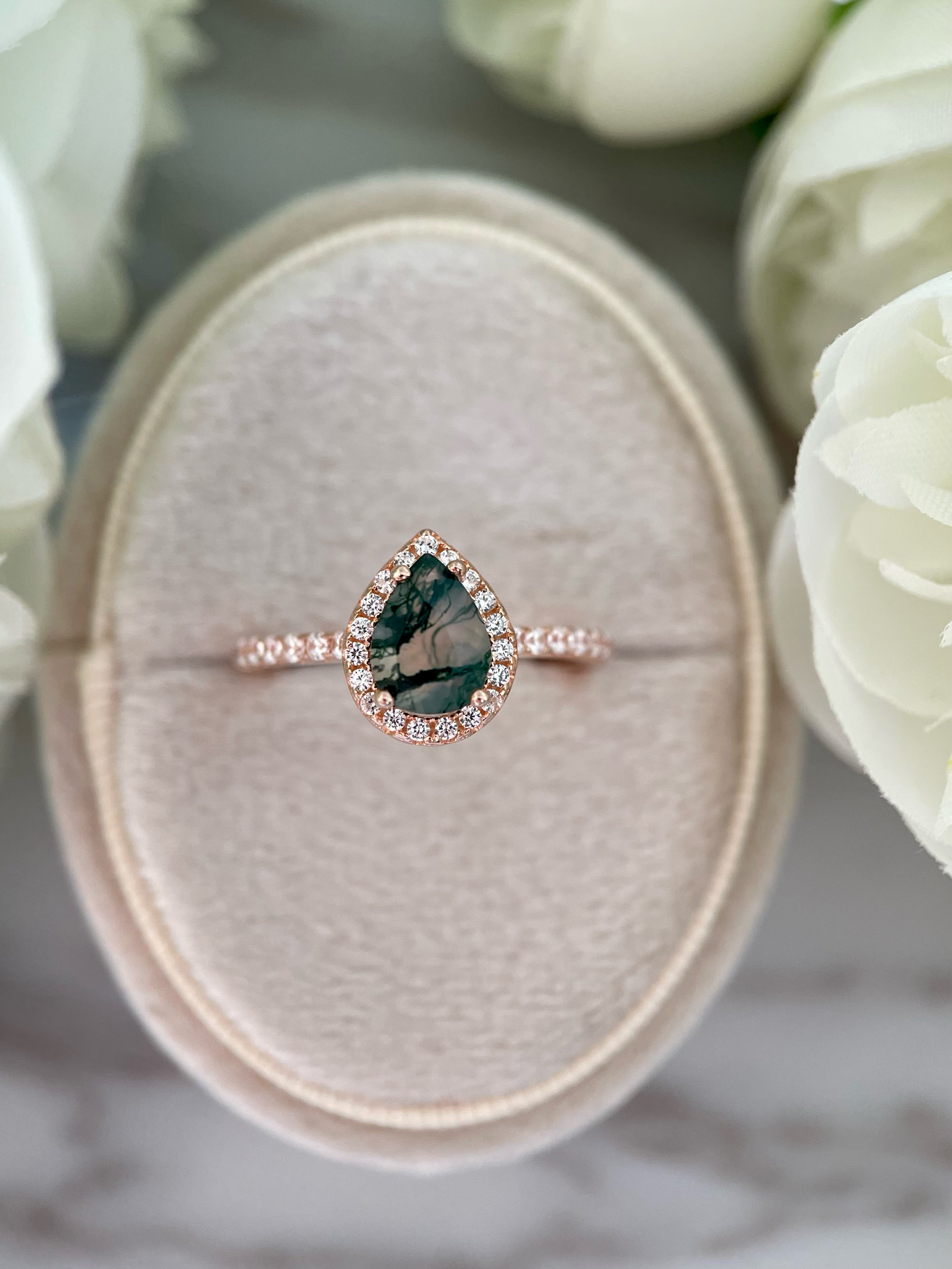 【Verdian】Bague de fiançailles unique en agate mousse naturelle faite à la main, 0,8 ct, forme poire