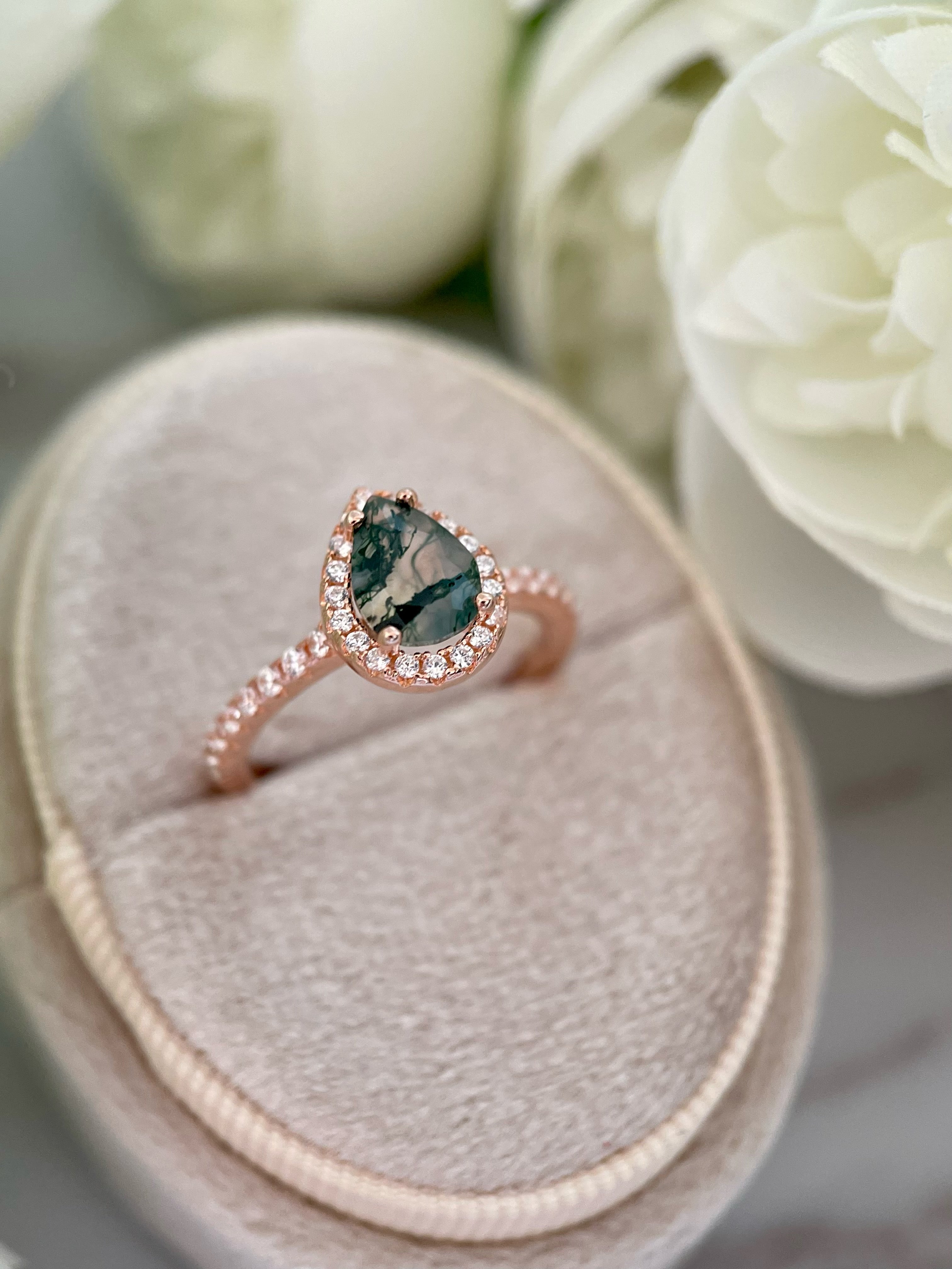 【Verdian】Bague de fiançailles unique en agate mousse naturelle faite à la main, 0,8 ct, forme poire