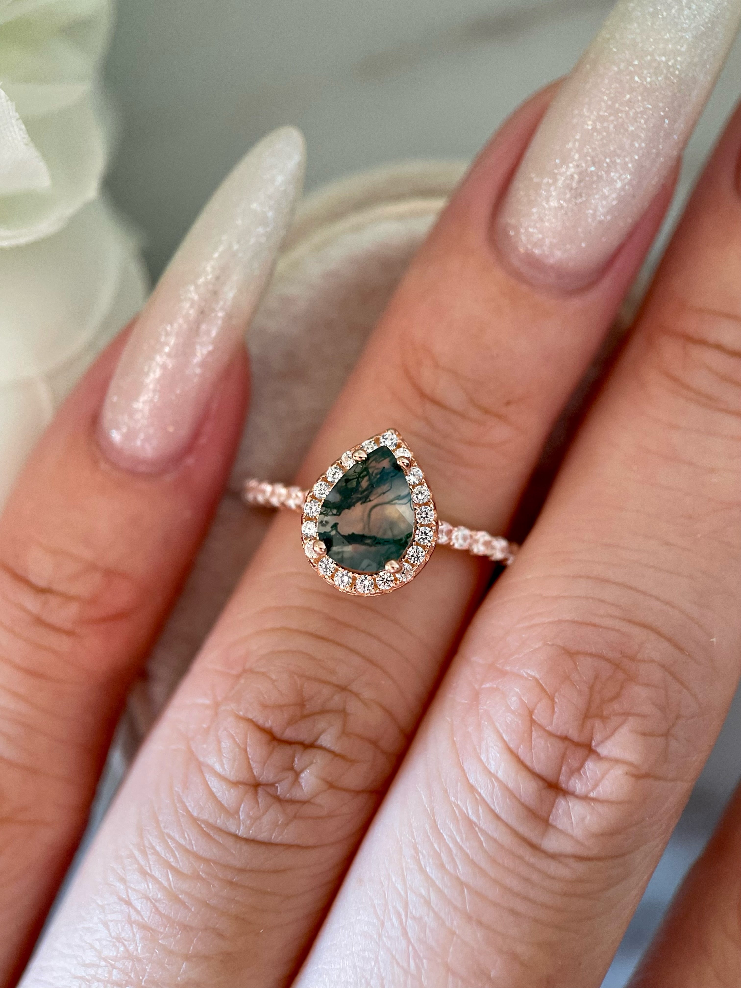 【Verdian】Bague de fiançailles unique en agate mousse naturelle faite à la main, 0,8 ct, forme poire