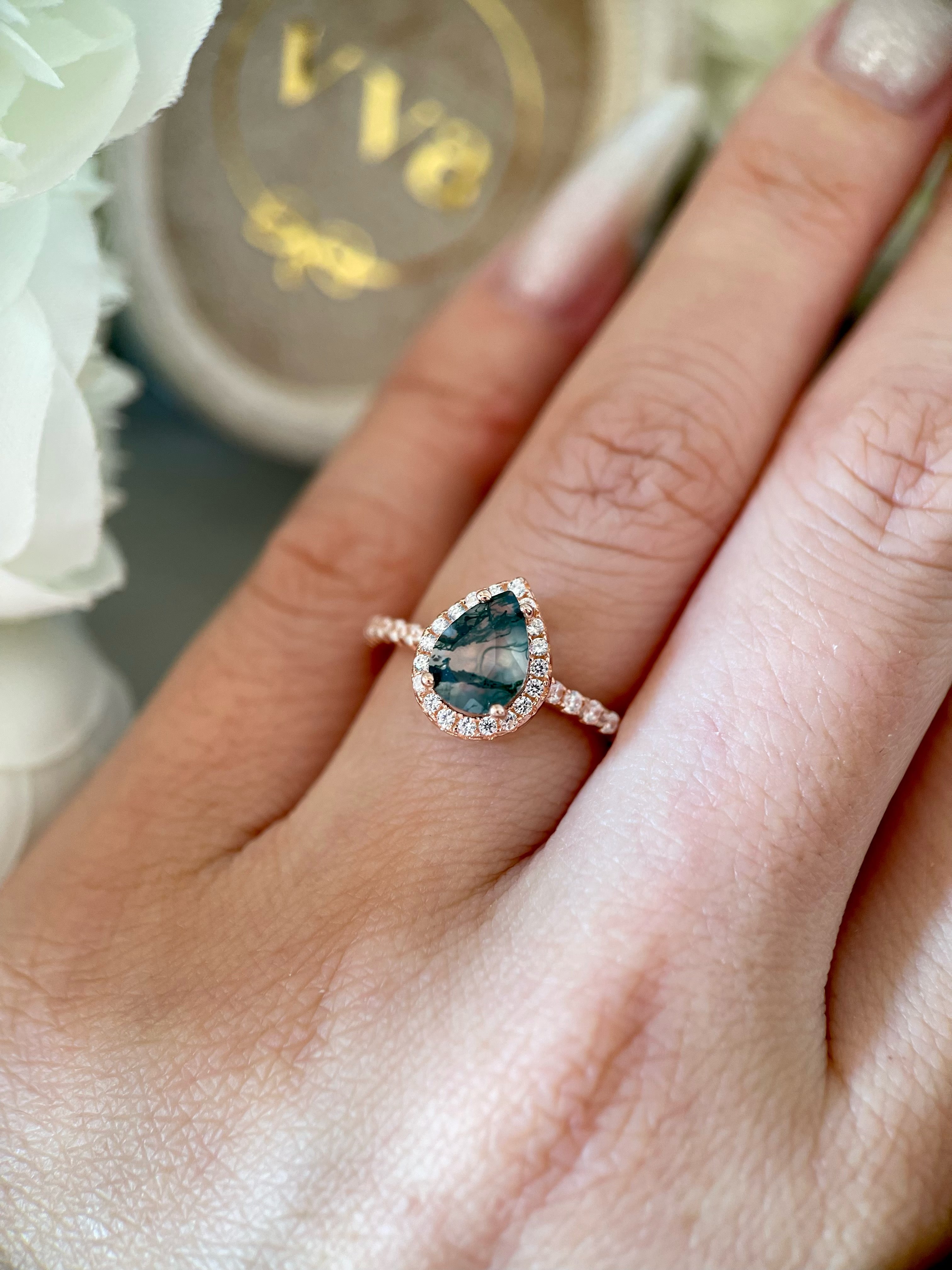 【Verdian】Bague de fiançailles unique en agate mousse naturelle faite à la main, 0,8 ct, forme poire