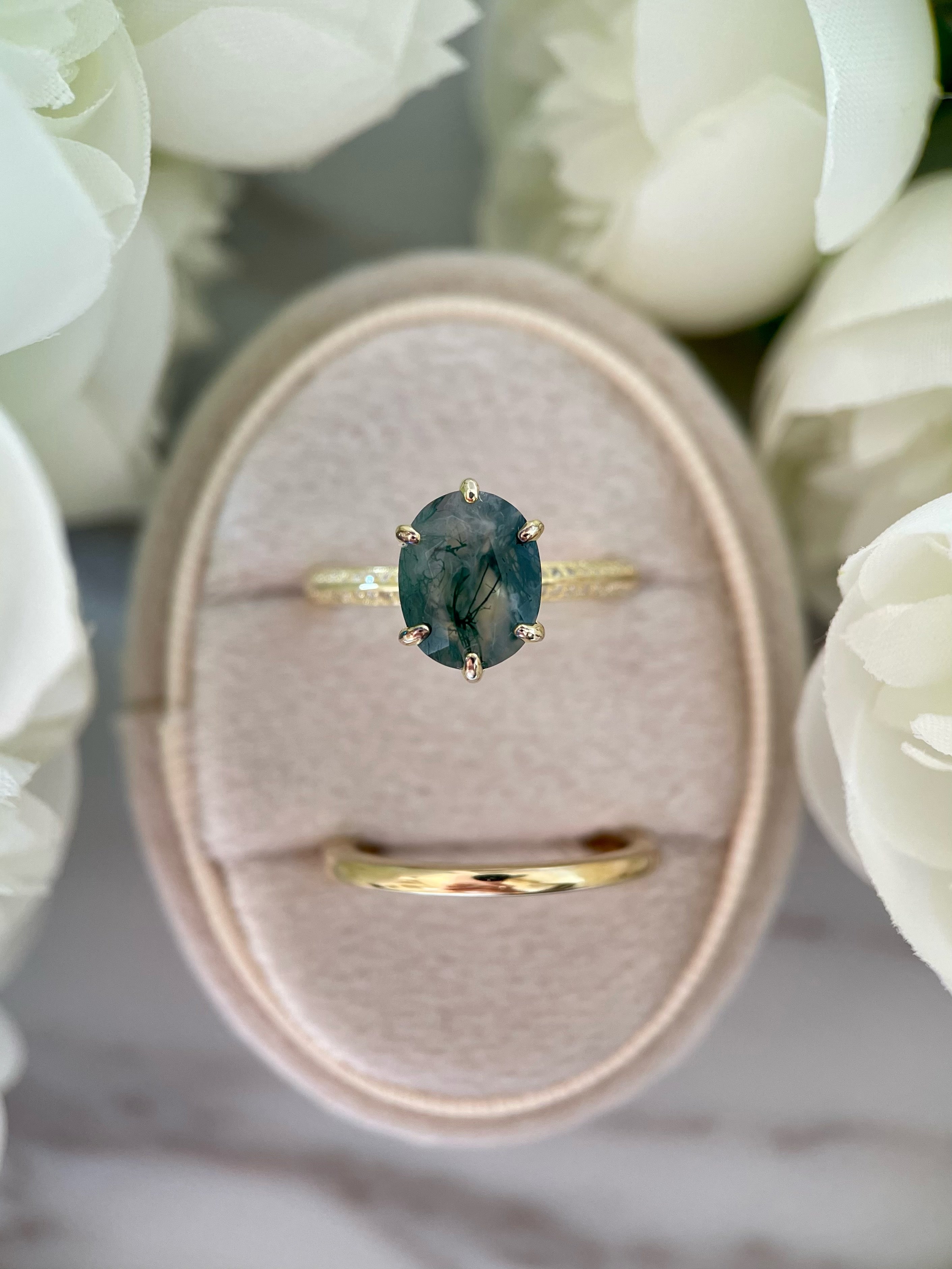 【Ensemble Mysterium】Ensemble unique de bagues de fiançailles en agate mousse naturelle faite à la main, 2 pièces, 3 carats, forme ovale