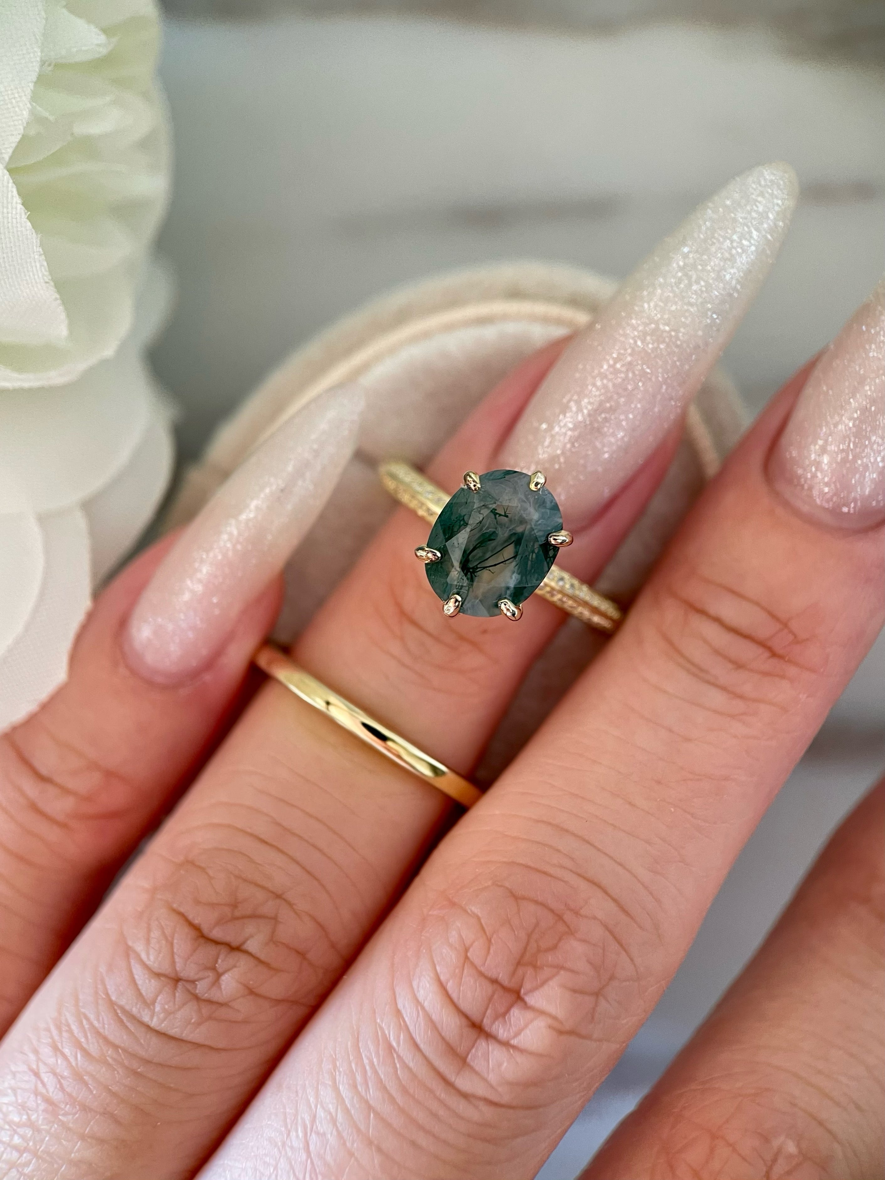 【Ensemble Mysterium】Ensemble unique de bagues de fiançailles en agate mousse naturelle faite à la main, 2 pièces, 3 carats, forme ovale