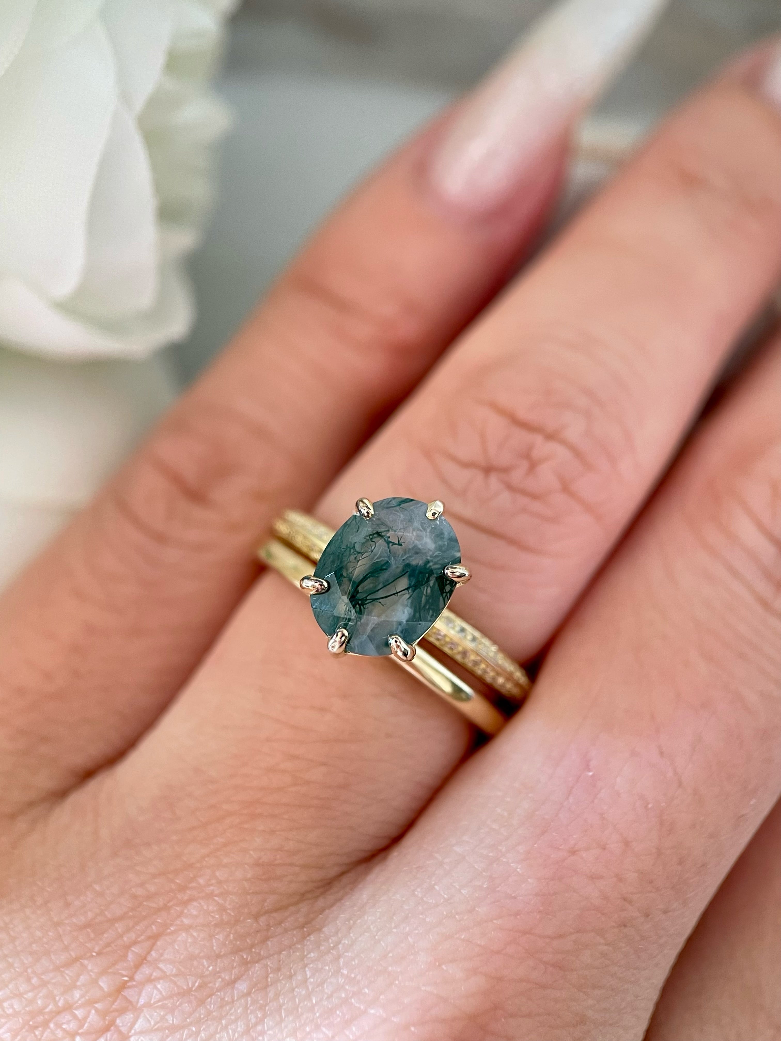 【Ensemble Mysterium】Ensemble unique de bagues de fiançailles en agate mousse naturelle faite à la main, 2 pièces, 3 carats, forme ovale