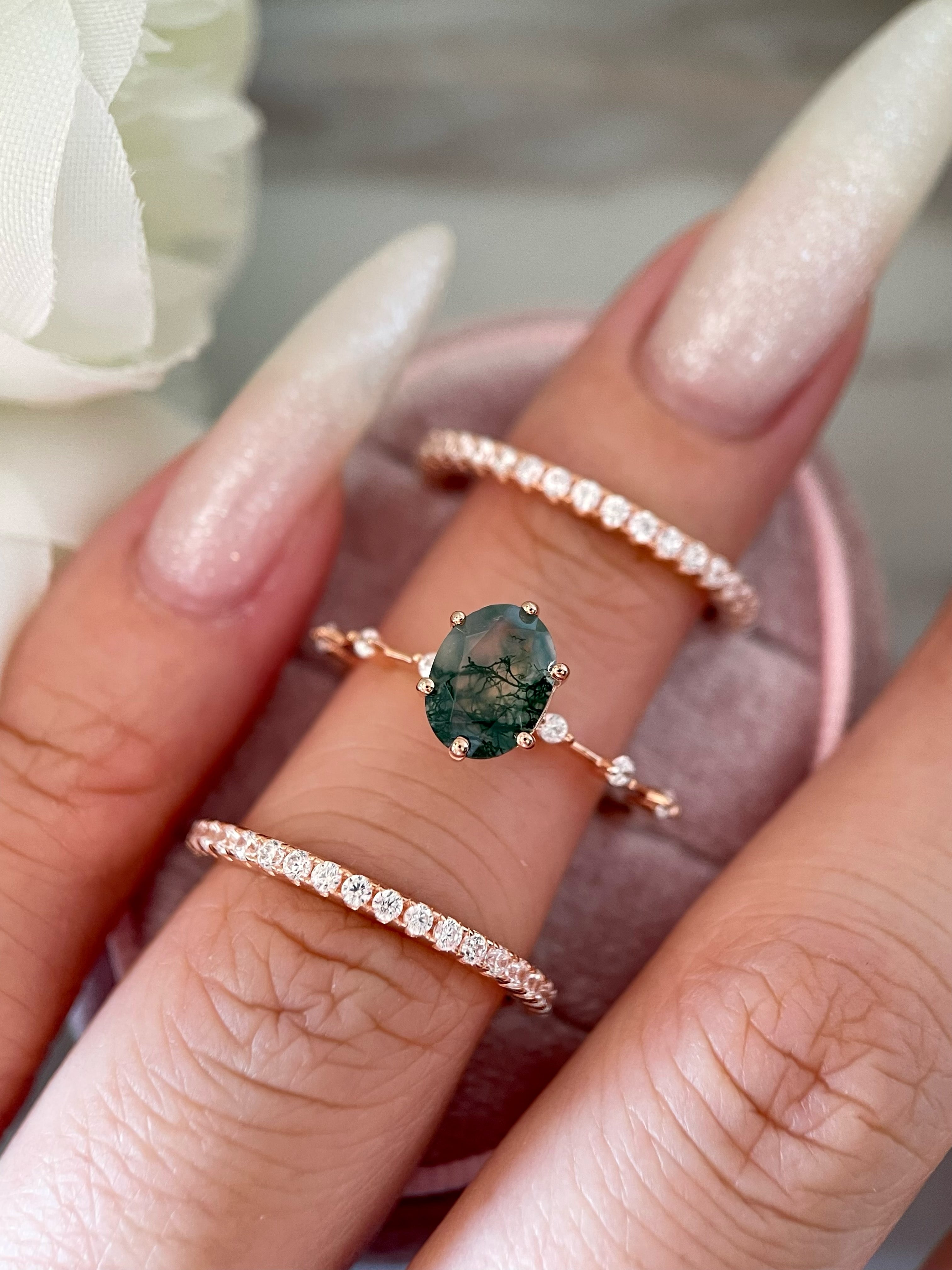 【Ensemble Rootkeeper】Ensemble unique de bagues de fiançailles en agate mousse naturelle faite à la main, 3 pièces, 1,5 ct, forme ovale