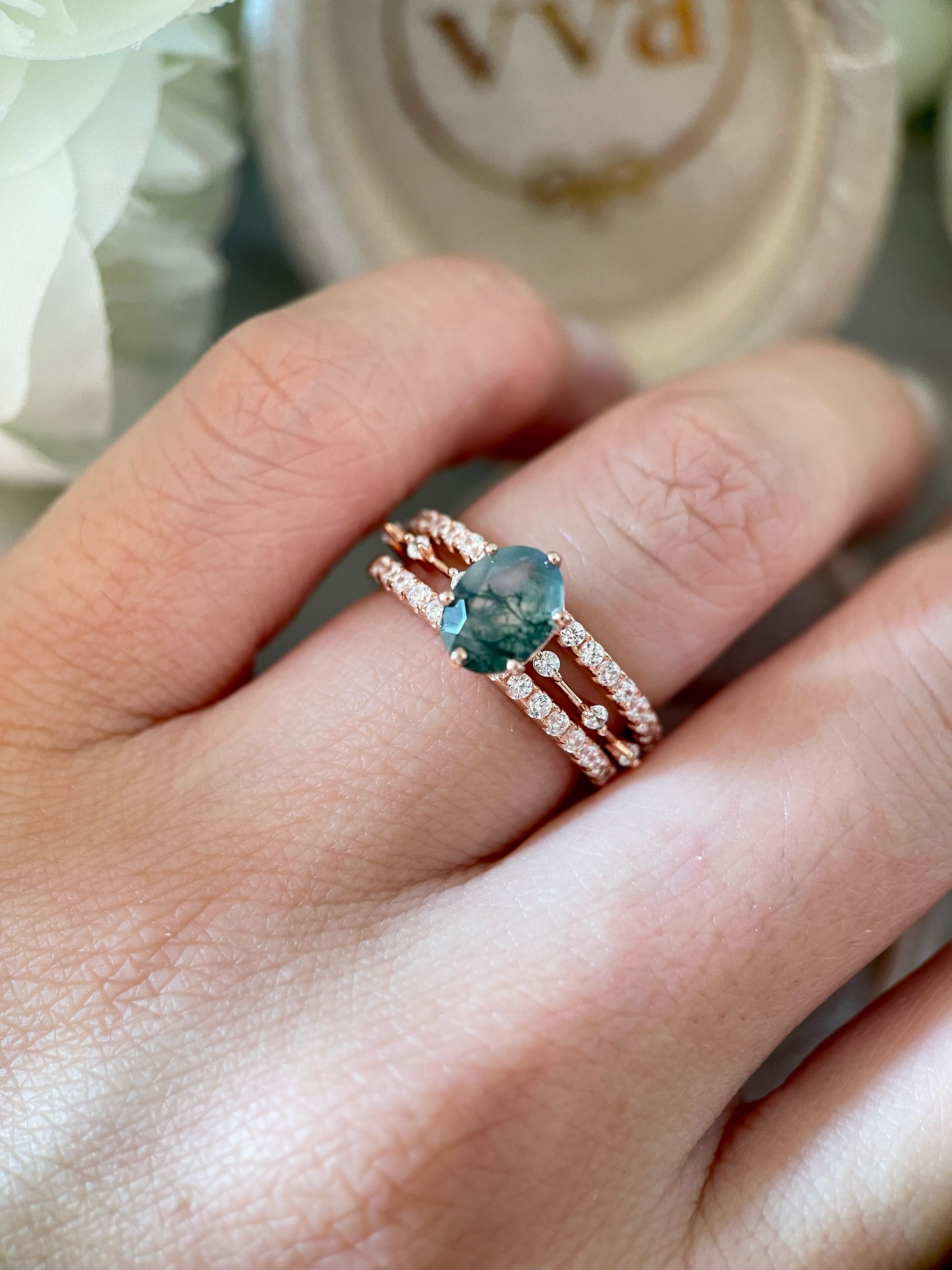 【Ensemble Rootkeeper】Ensemble unique de bagues de fiançailles en agate mousse naturelle faite à la main, 3 pièces, 1,5 ct, forme ovale