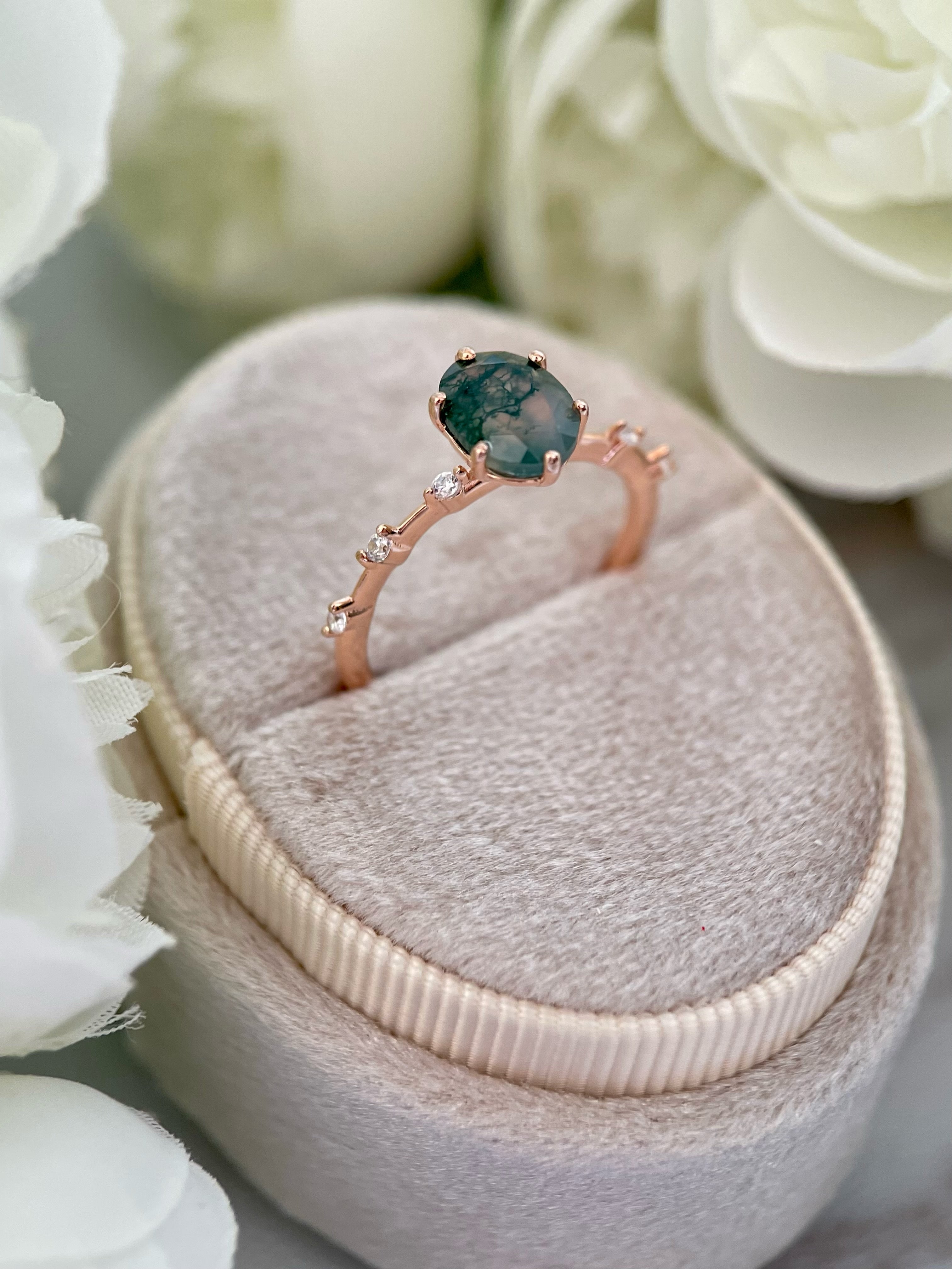 【Rootkeeper】Bague de fiançailles unique en agate mousse naturelle faite à la main, de forme ovale, 1,5 ct