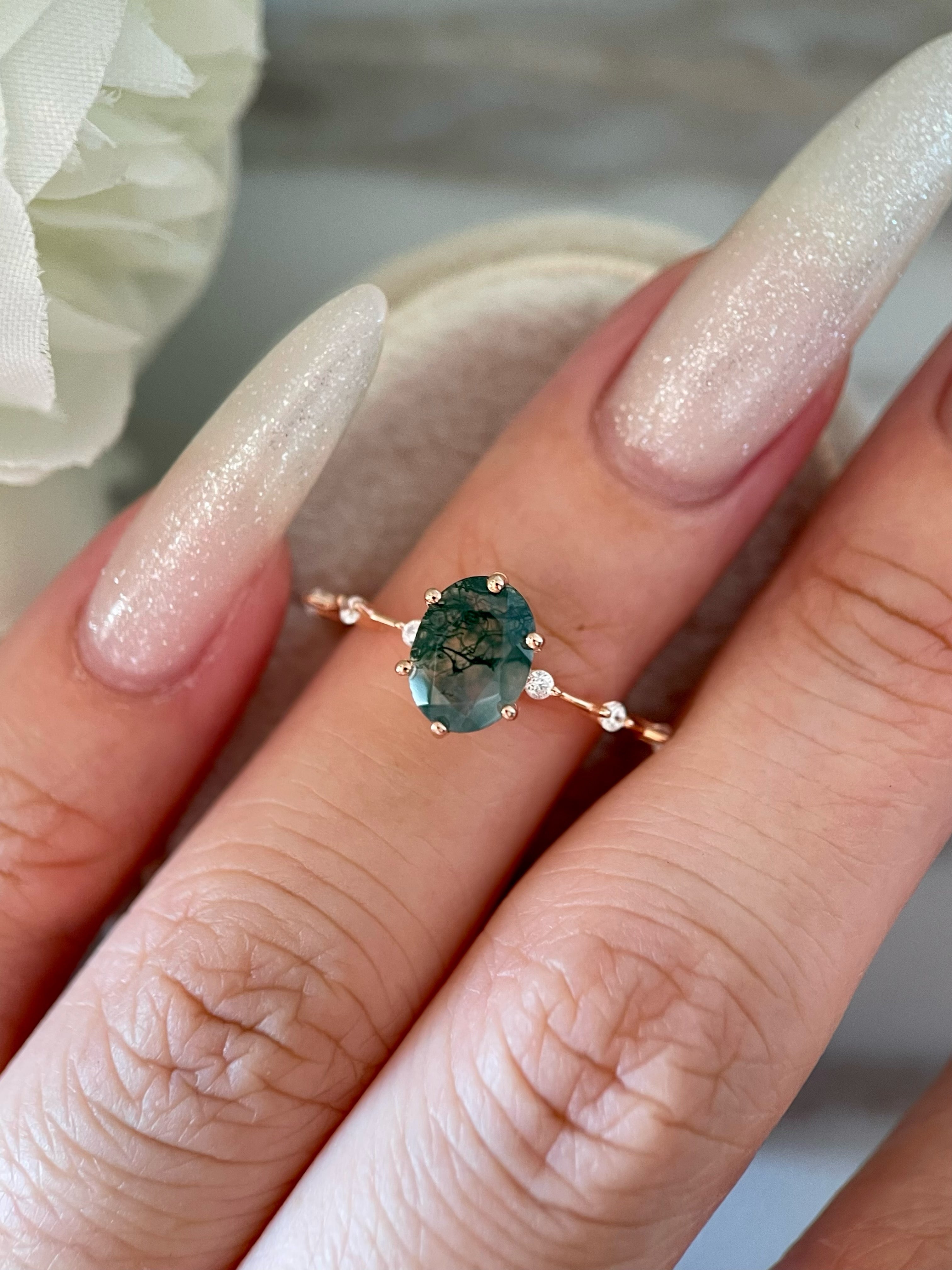 【Rootkeeper】Bague de fiançailles unique en agate mousse naturelle faite à la main, de forme ovale, 1,5 ct