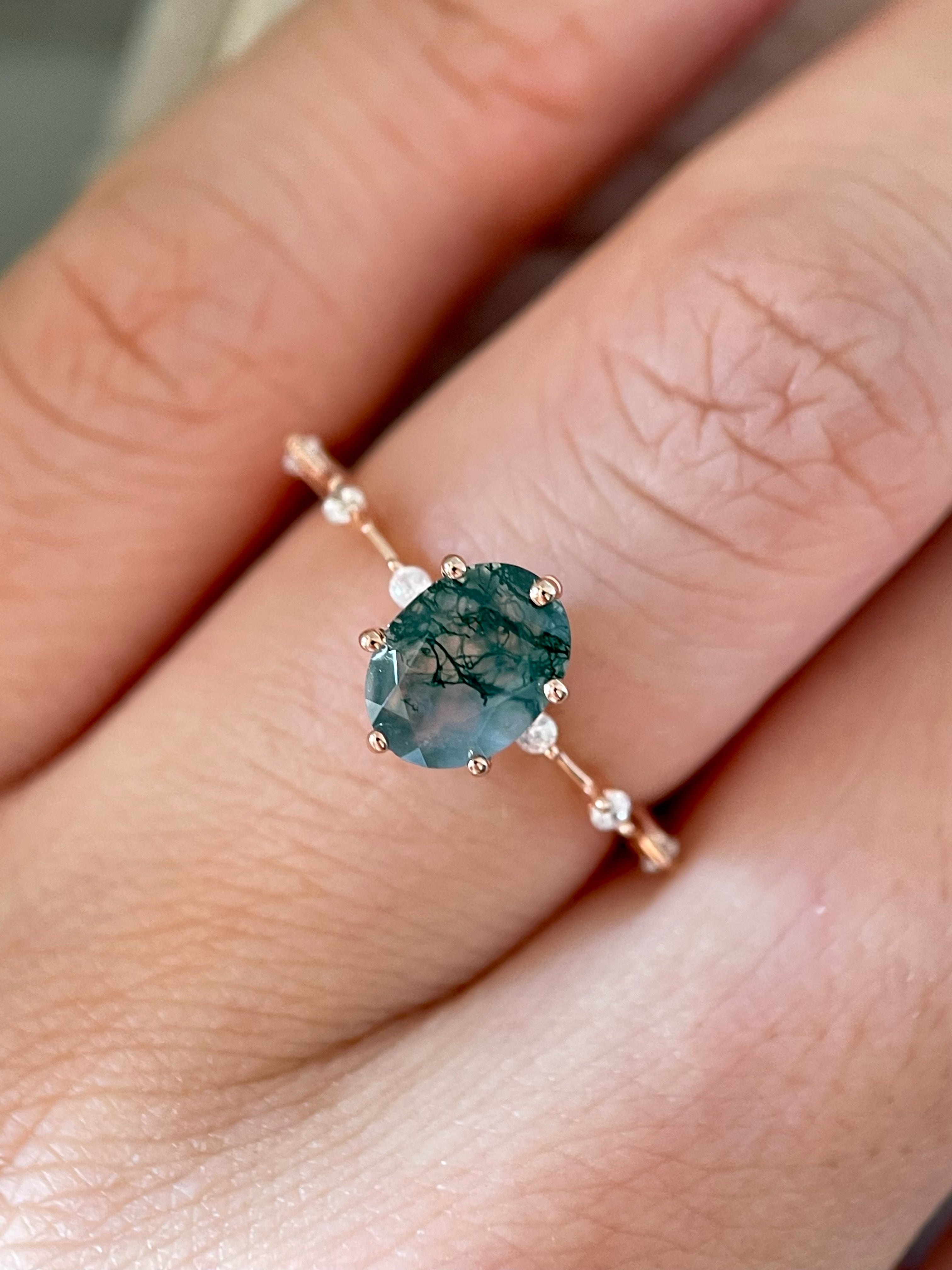 【Rootkeeper】Bague de fiançailles unique en agate mousse naturelle faite à la main, de forme ovale, 1,5 ct