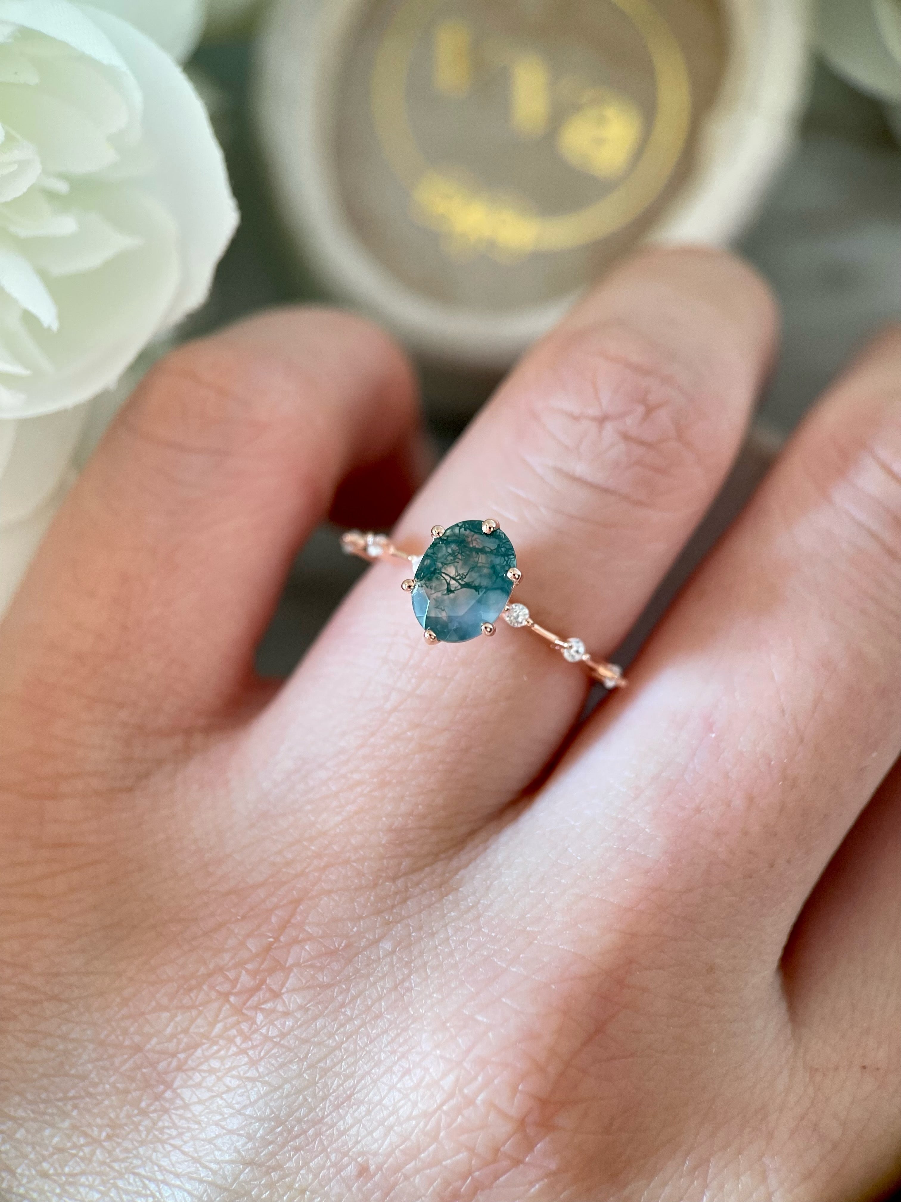 【Rootkeeper】Bague de fiançailles unique en agate mousse naturelle faite à la main, de forme ovale, 1,5 ct