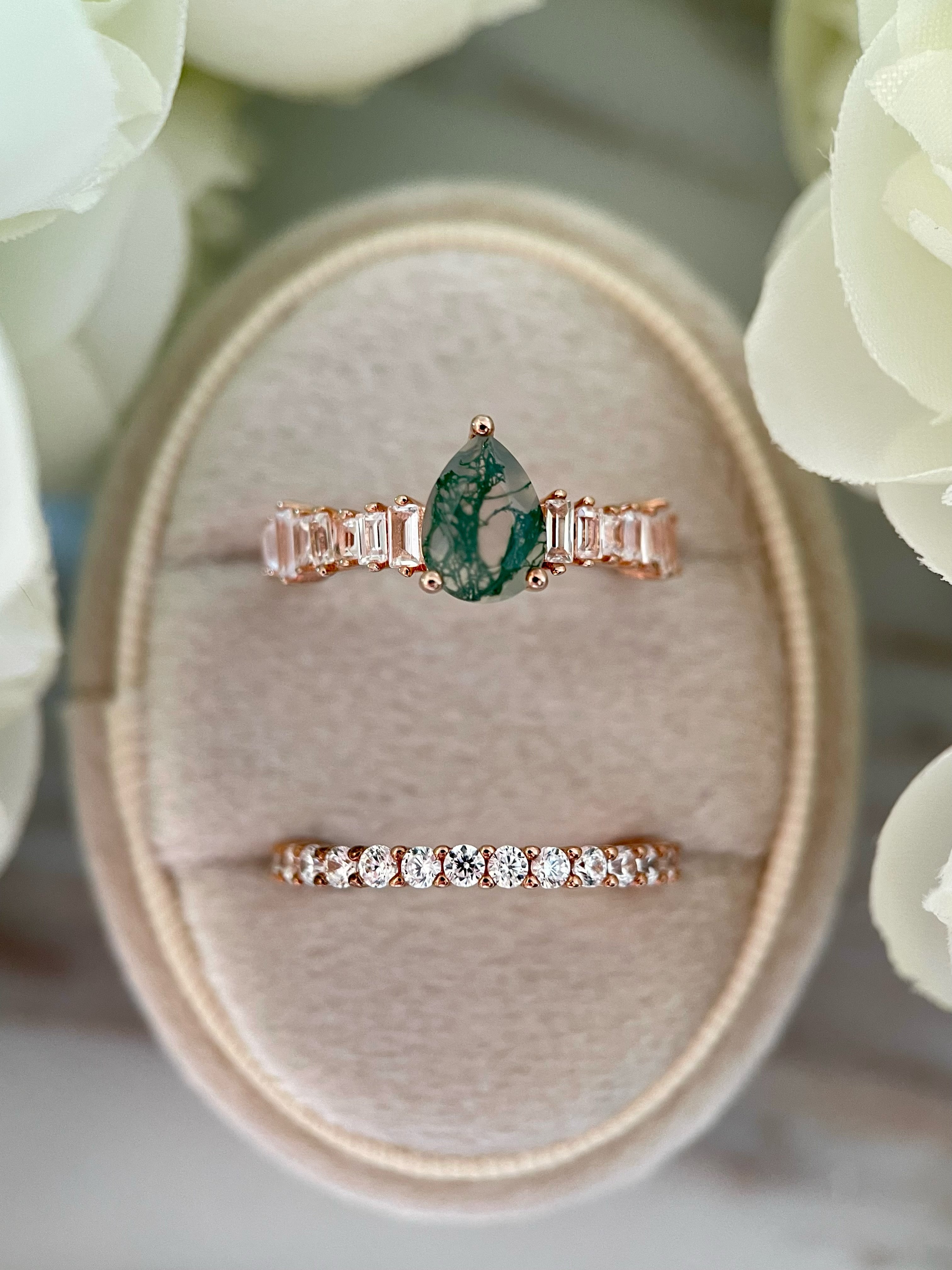 【Ensemble Dewdrop Canopy】Ensemble de bagues de fiançailles unique, fait main, en agate mousse naturelle, 2 pièces, 0,8 ct, forme poire