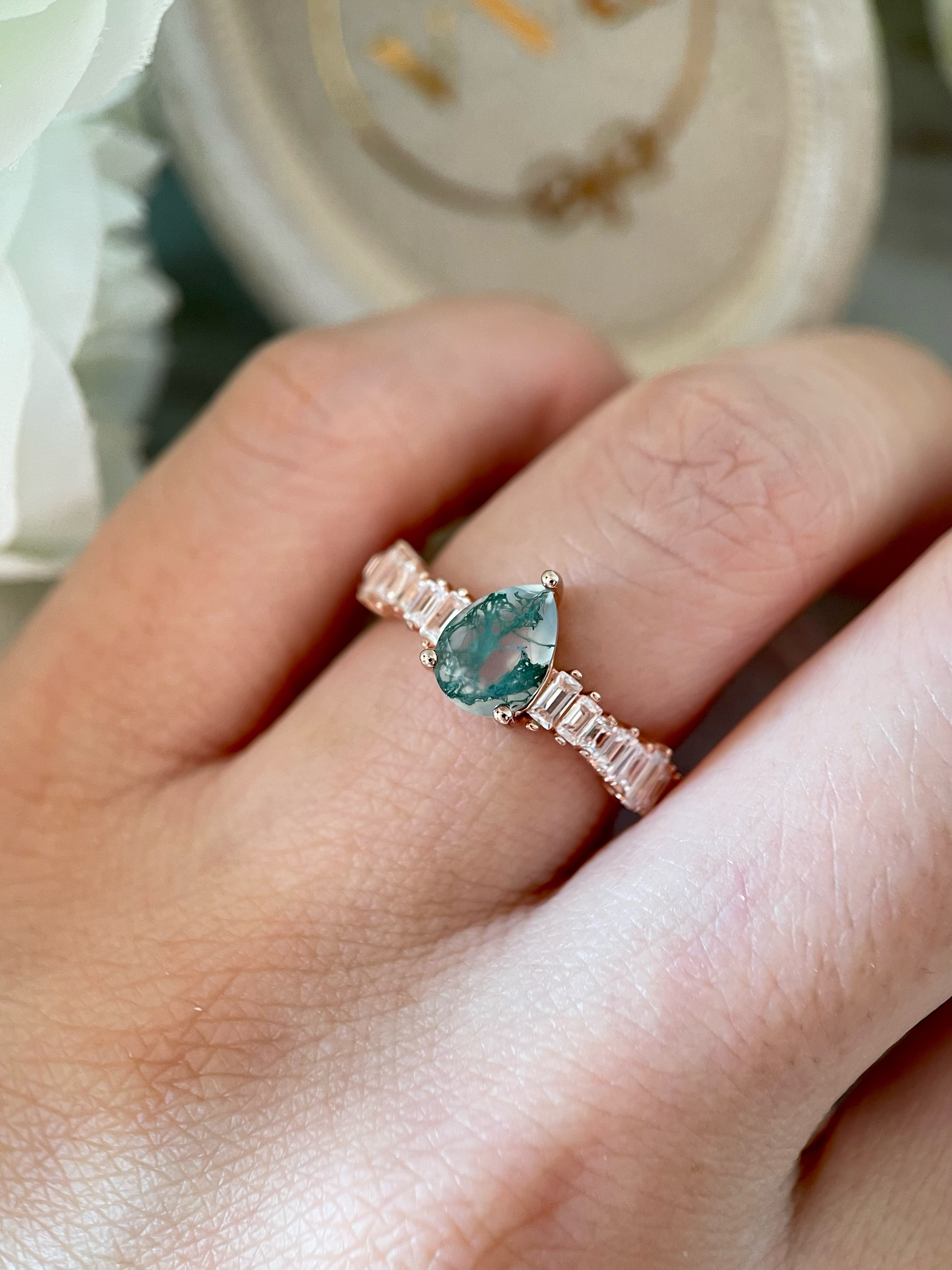 【Dewdrop Canopy】Unique Handmade Natural Moss Agate Engagement Ring 0.8ct Pear Shape