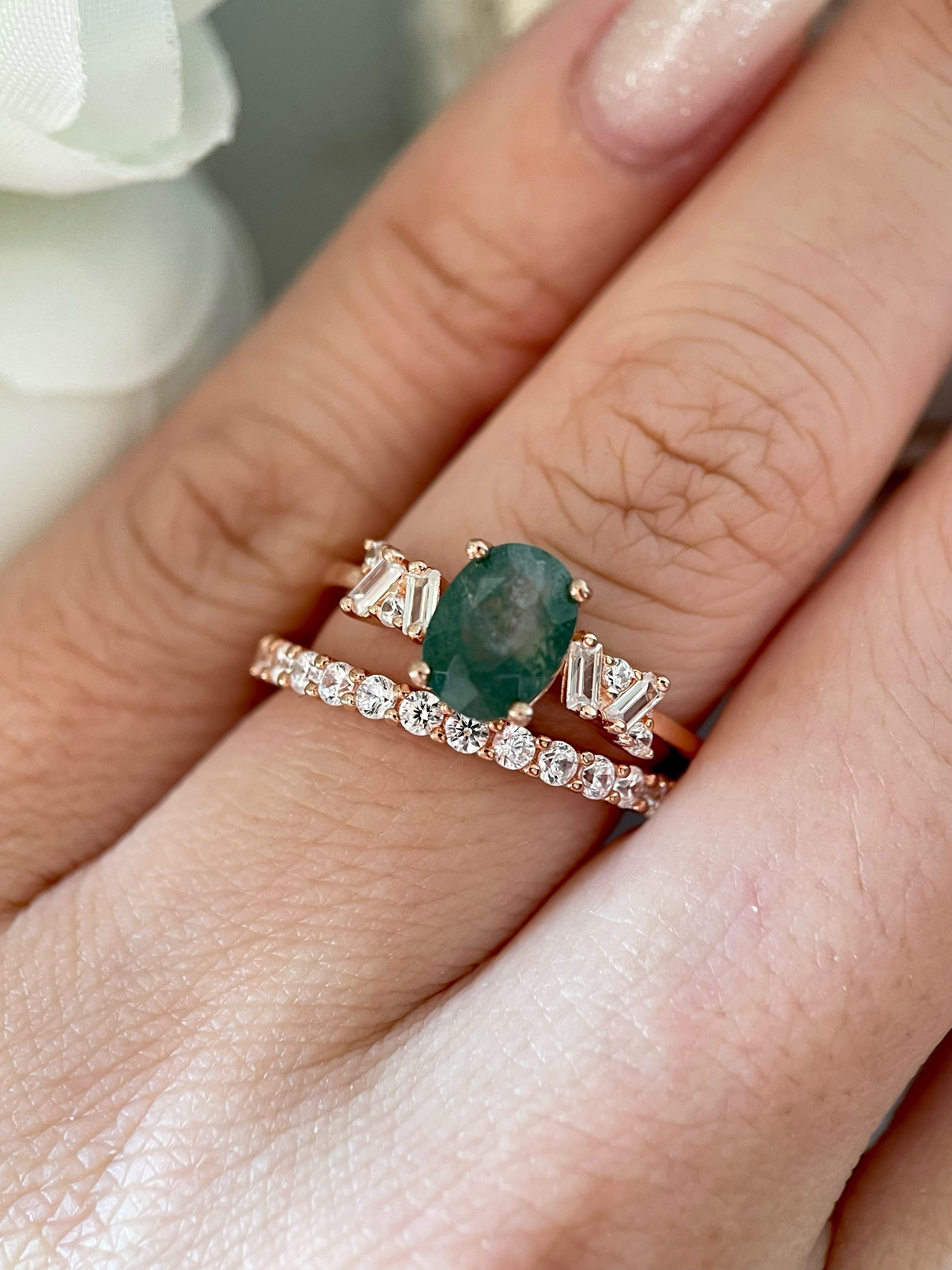 【Ensemble Sylvan Whisper】Ensemble unique de bagues de fiançailles en agate mousse naturelle faite à la main, 2 pièces, 1,5 ct, forme ovale