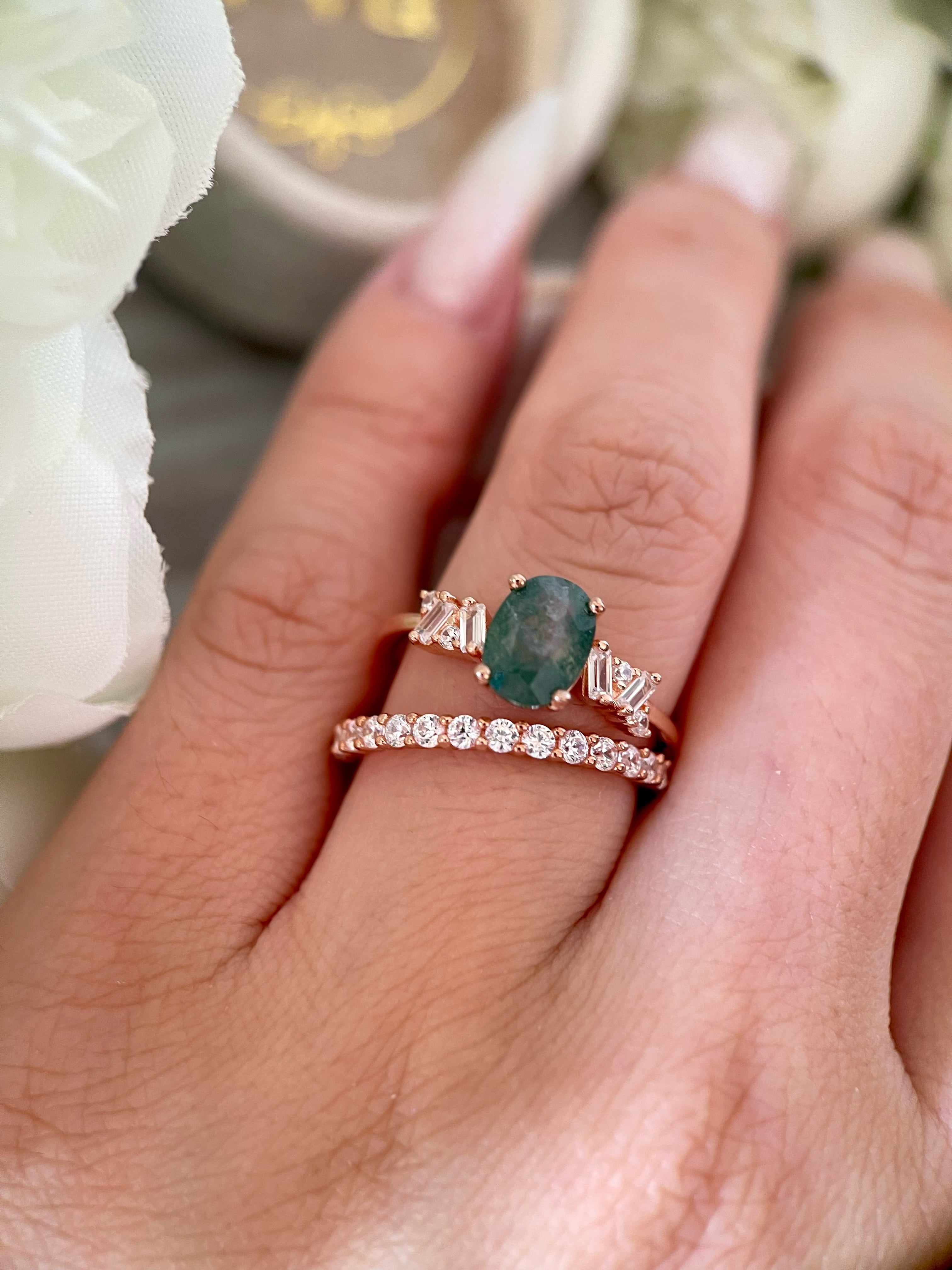 【Ensemble Sylvan Whisper】Ensemble unique de bagues de fiançailles en agate mousse naturelle faite à la main, 2 pièces, 1,5 ct, forme ovale