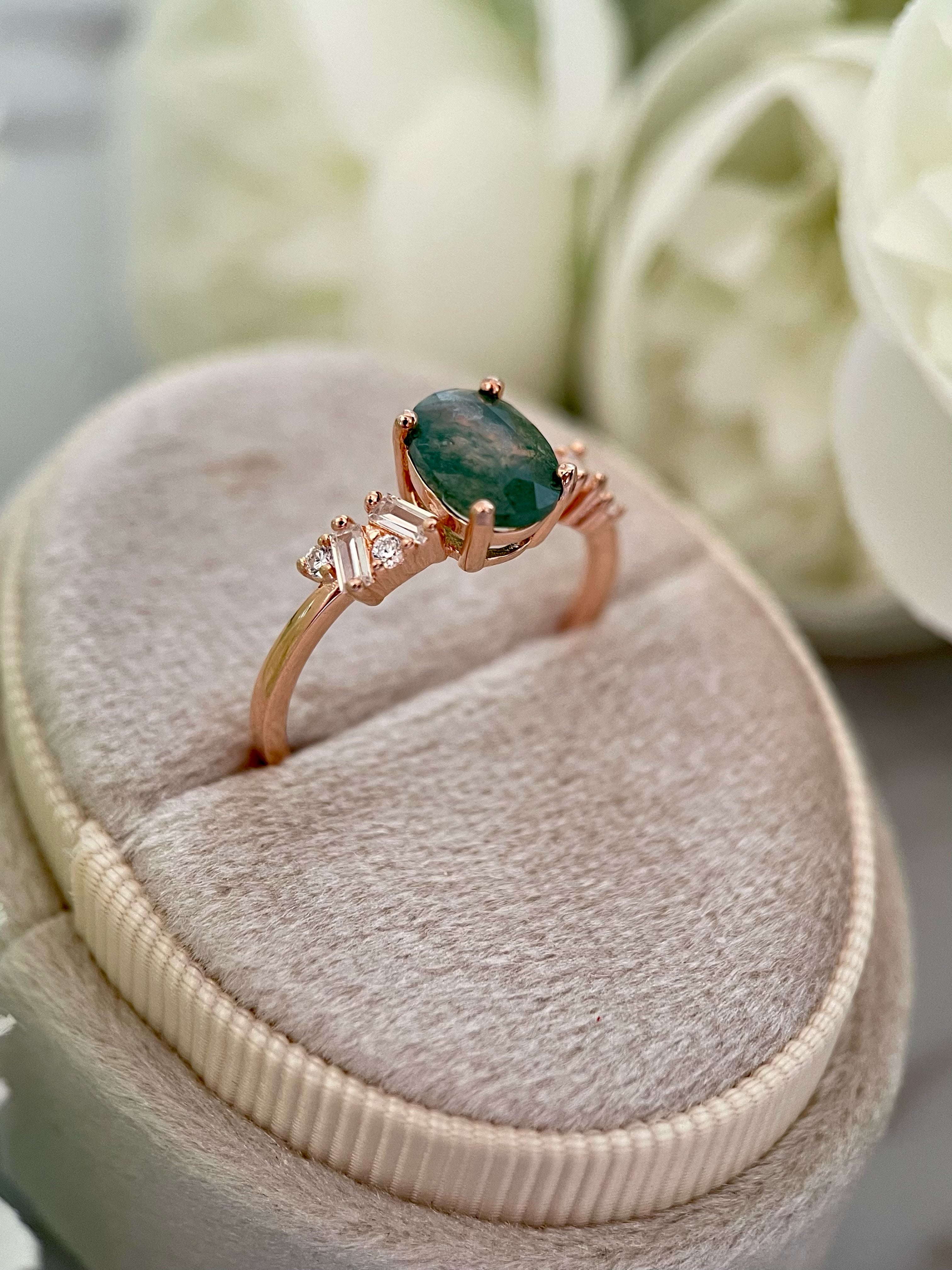 【Sylvan Whisper】Bague de fiançailles unique, faite main, en agate mousse naturelle de 1,5 ct, forme ovale