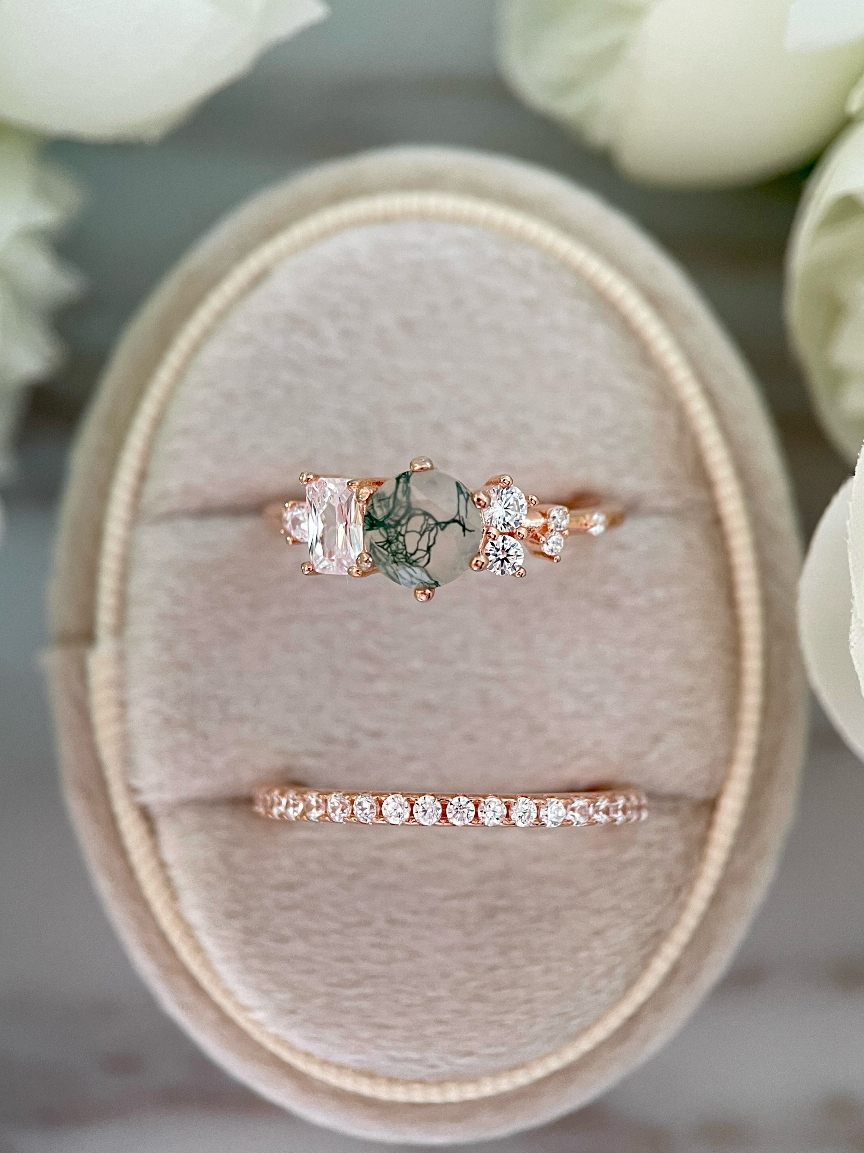 【Ensemble Veridia Cascade】Ensemble unique de bagues de fiançailles en agate mousse naturelle faite à la main, 2 pièces, 0,8 ct, forme ronde