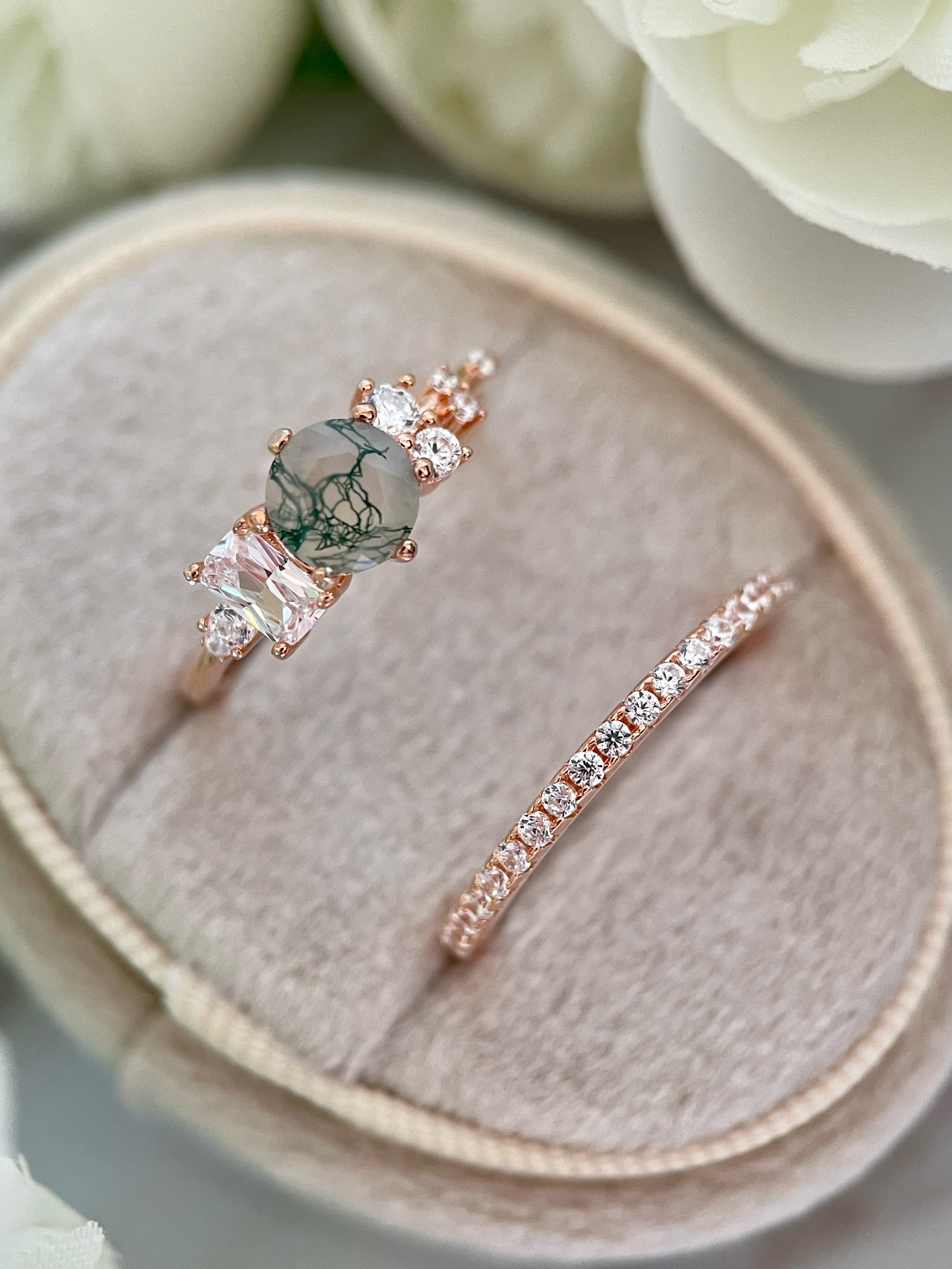 【Ensemble Veridia Cascade】Ensemble unique de bagues de fiançailles en agate mousse naturelle faite à la main, 2 pièces, 0,8 ct, forme ronde