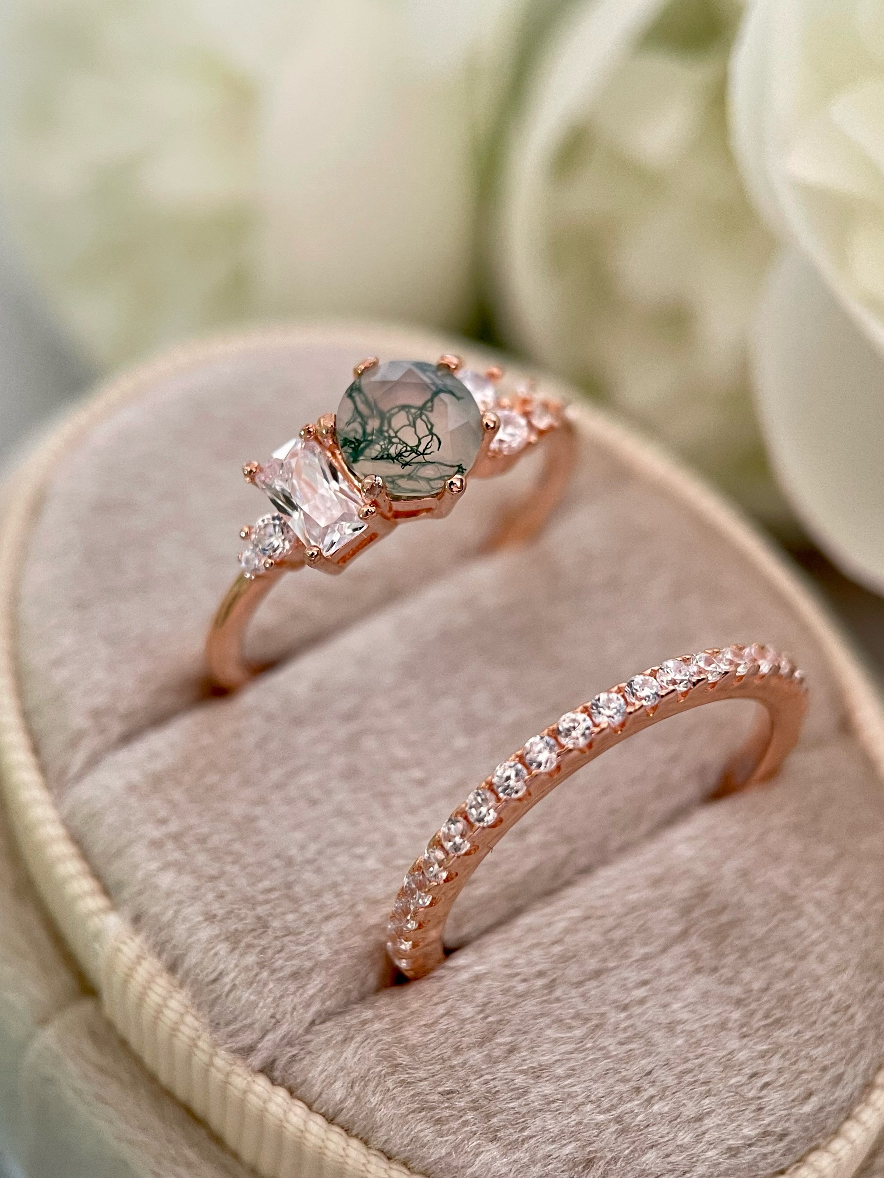 【Ensemble Veridia Cascade】Ensemble unique de bagues de fiançailles en agate mousse naturelle faite à la main, 2 pièces, 0,8 ct, forme ronde