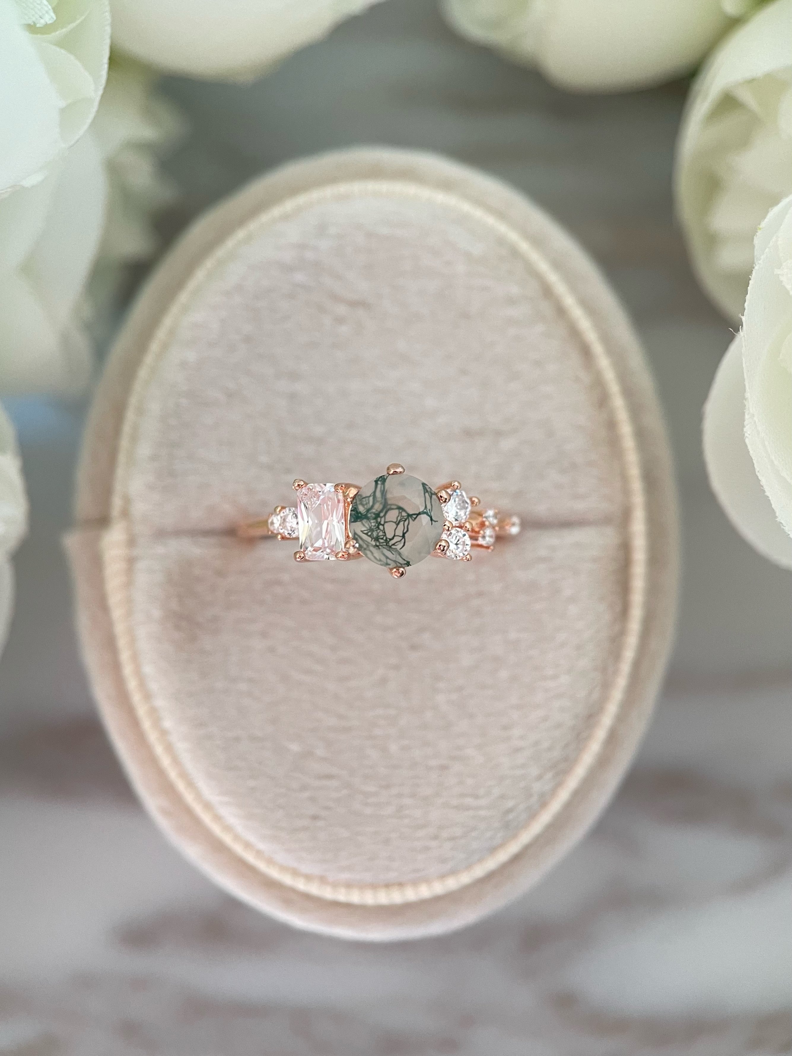 【Veridia Cascade】Unique Handmade Natural Moss Agate Engagement Ring 0.8ct Round Cut