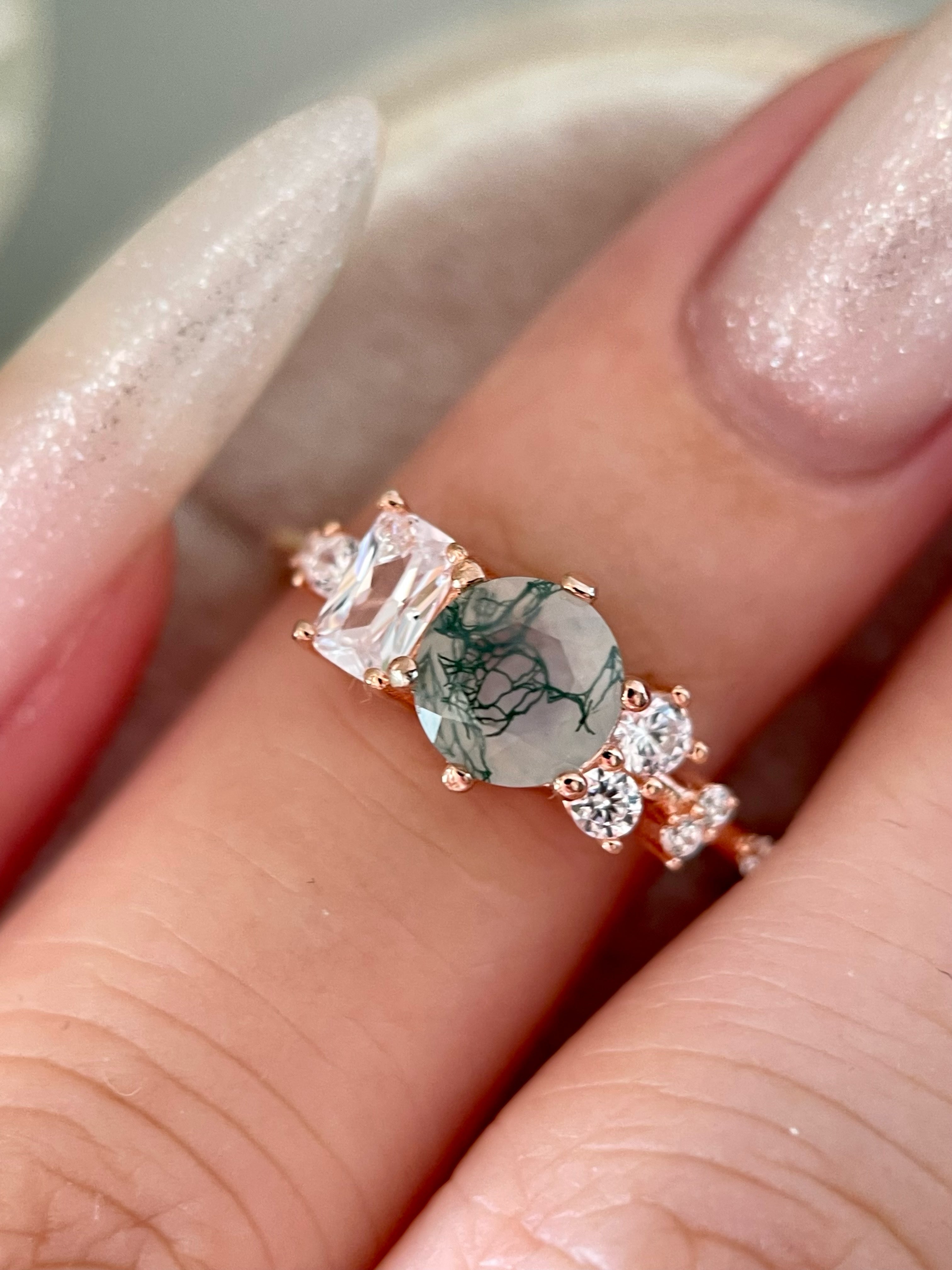 【Veridia Cascade】Unique Handmade Natural Moss Agate Engagement Ring 0.8ct Round Cut