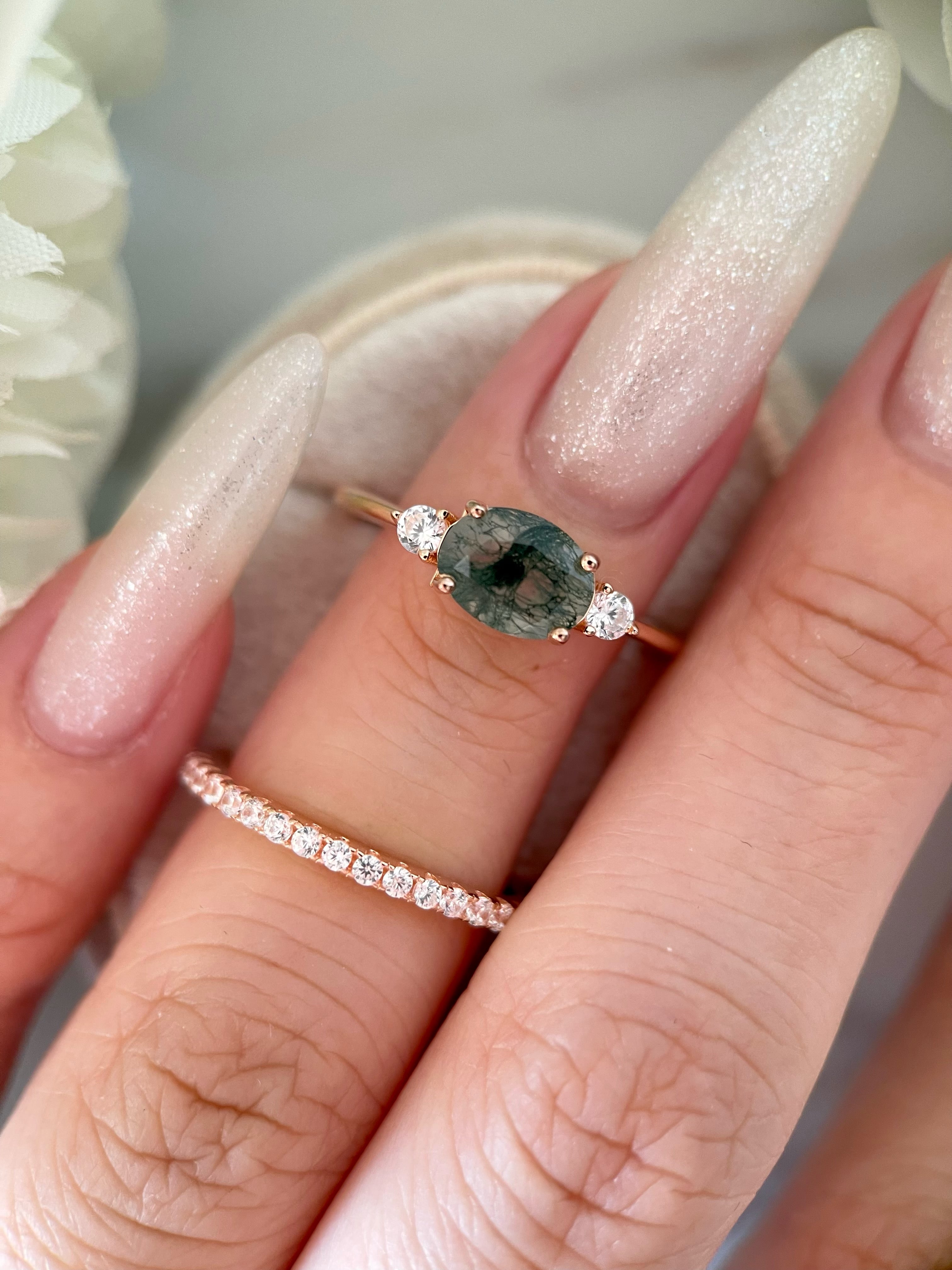 【Ensemble Voile Éthéré】Ensemble de bagues de fiançailles unique, fait main, en agate mousse naturelle, 2 pièces, 1,5 ct, forme ovale