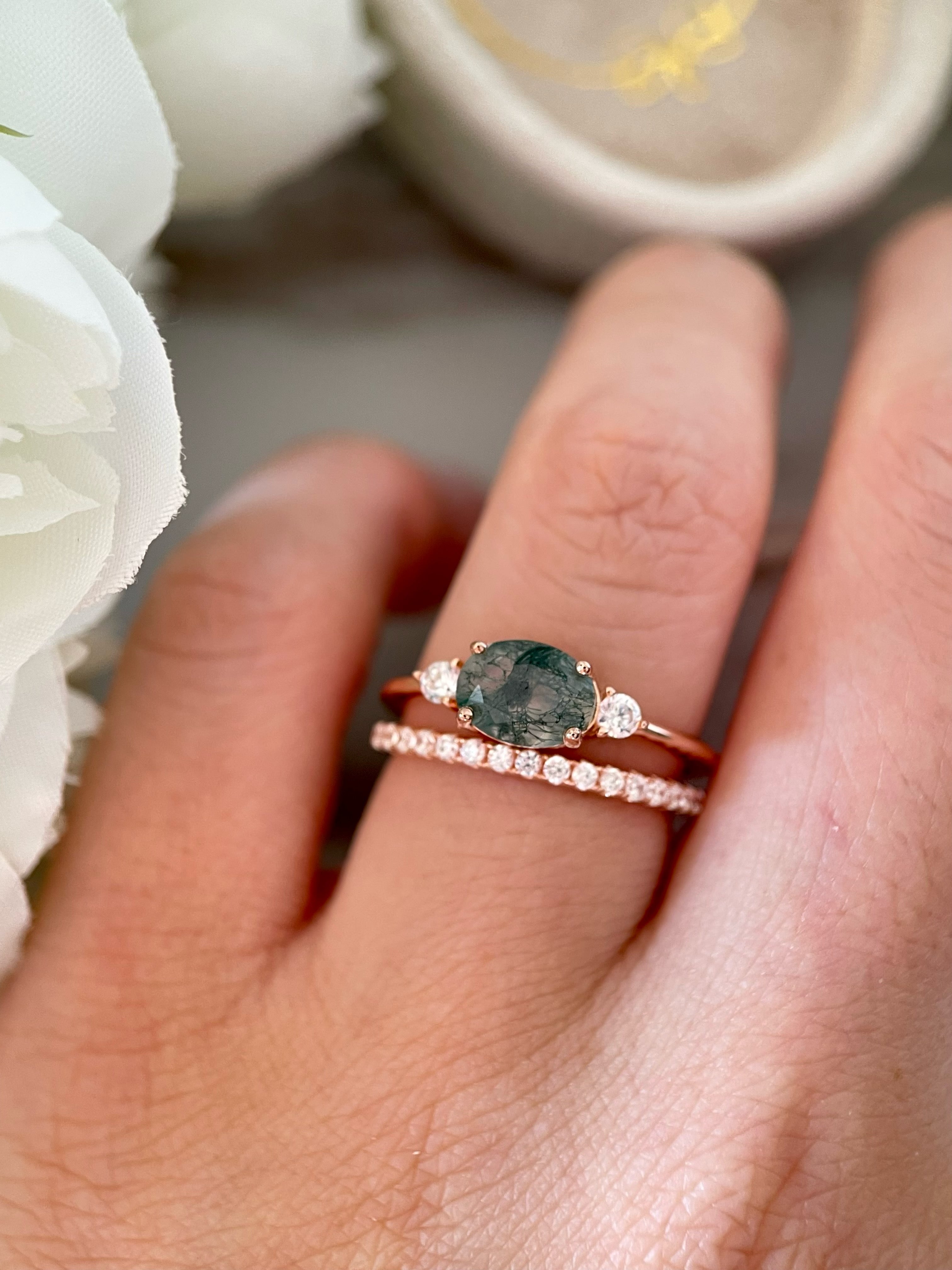 【Ensemble Voile Éthéré】Ensemble de bagues de fiançailles unique, fait main, en agate mousse naturelle, 2 pièces, 1,5 ct, forme ovale