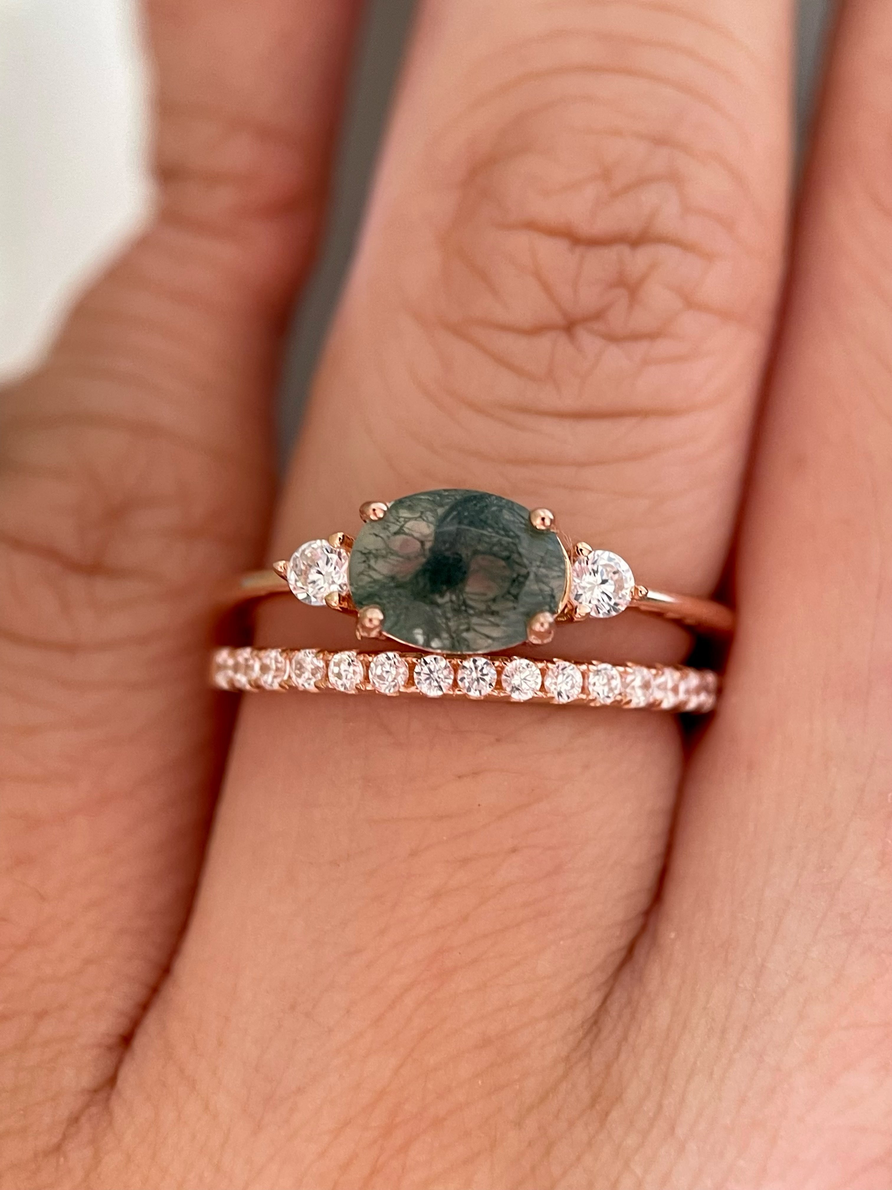 【Ensemble Voile Éthéré】Ensemble de bagues de fiançailles unique, fait main, en agate mousse naturelle, 2 pièces, 1,5 ct, forme ovale