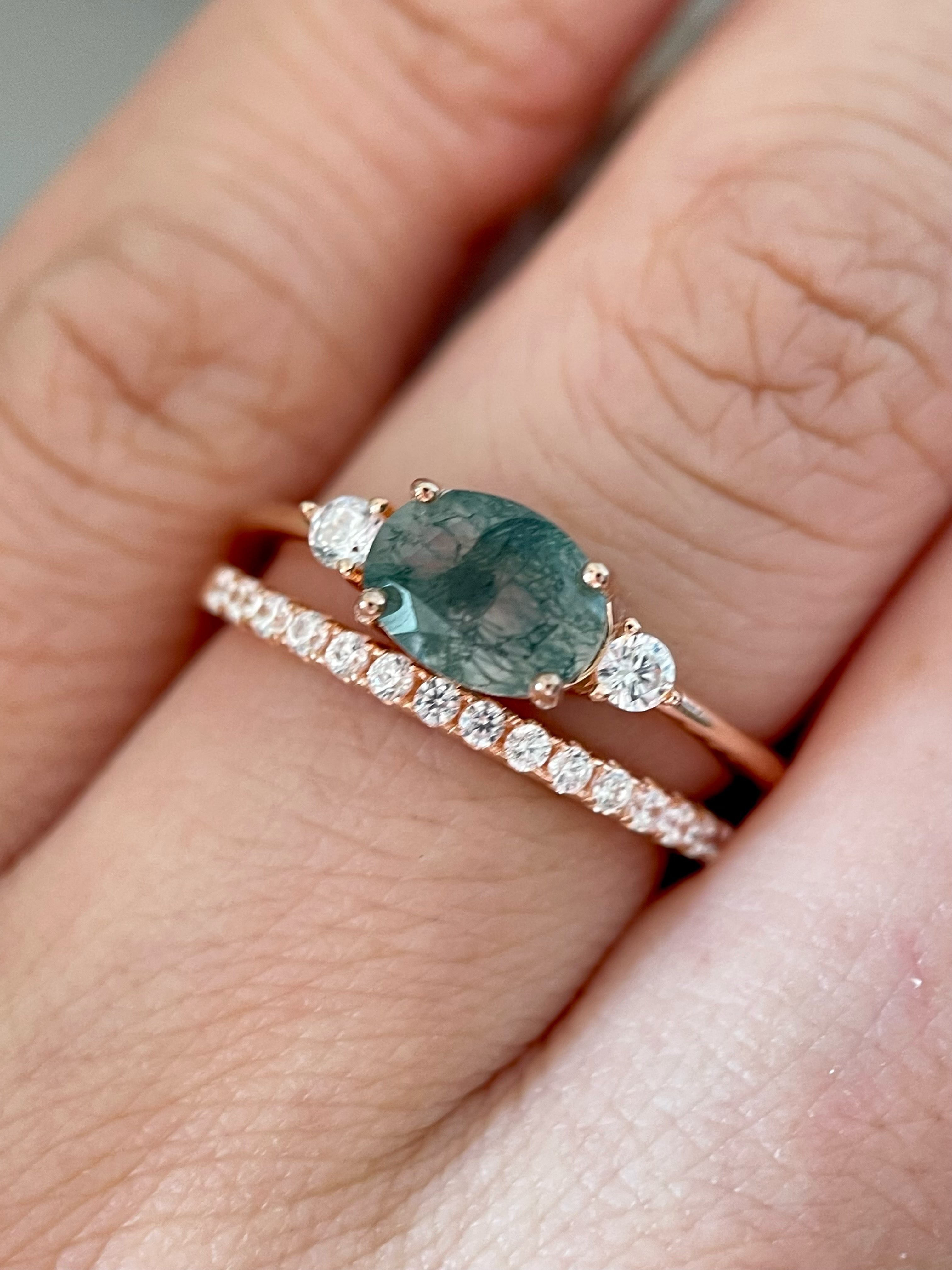 【Ensemble Voile Éthéré】Ensemble de bagues de fiançailles unique, fait main, en agate mousse naturelle, 2 pièces, 1,5 ct, forme ovale