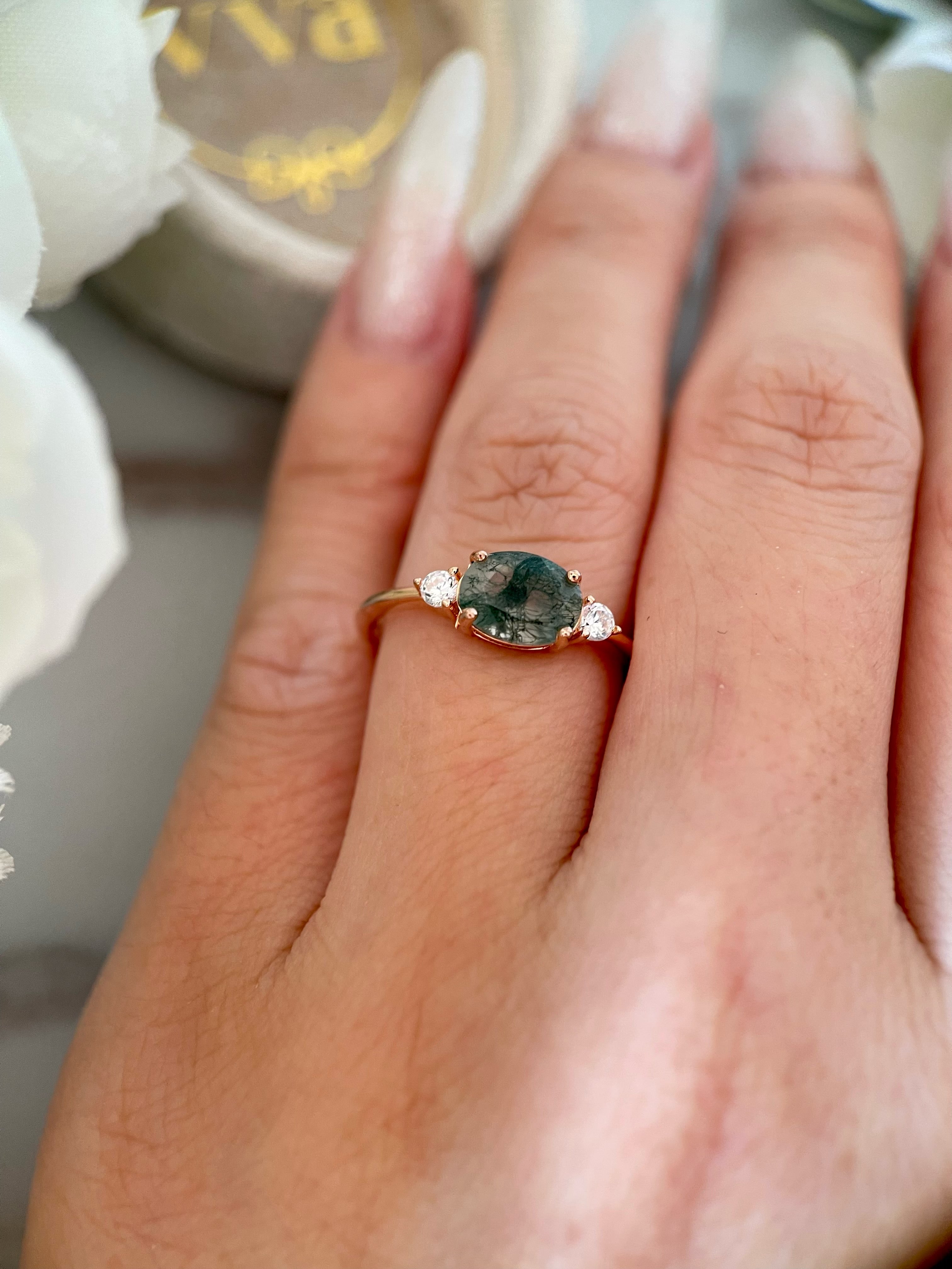 【Ethereal Veil】Unique Handmade Natural Moss Agate Engagement Ring 1.5ct Oval Cut