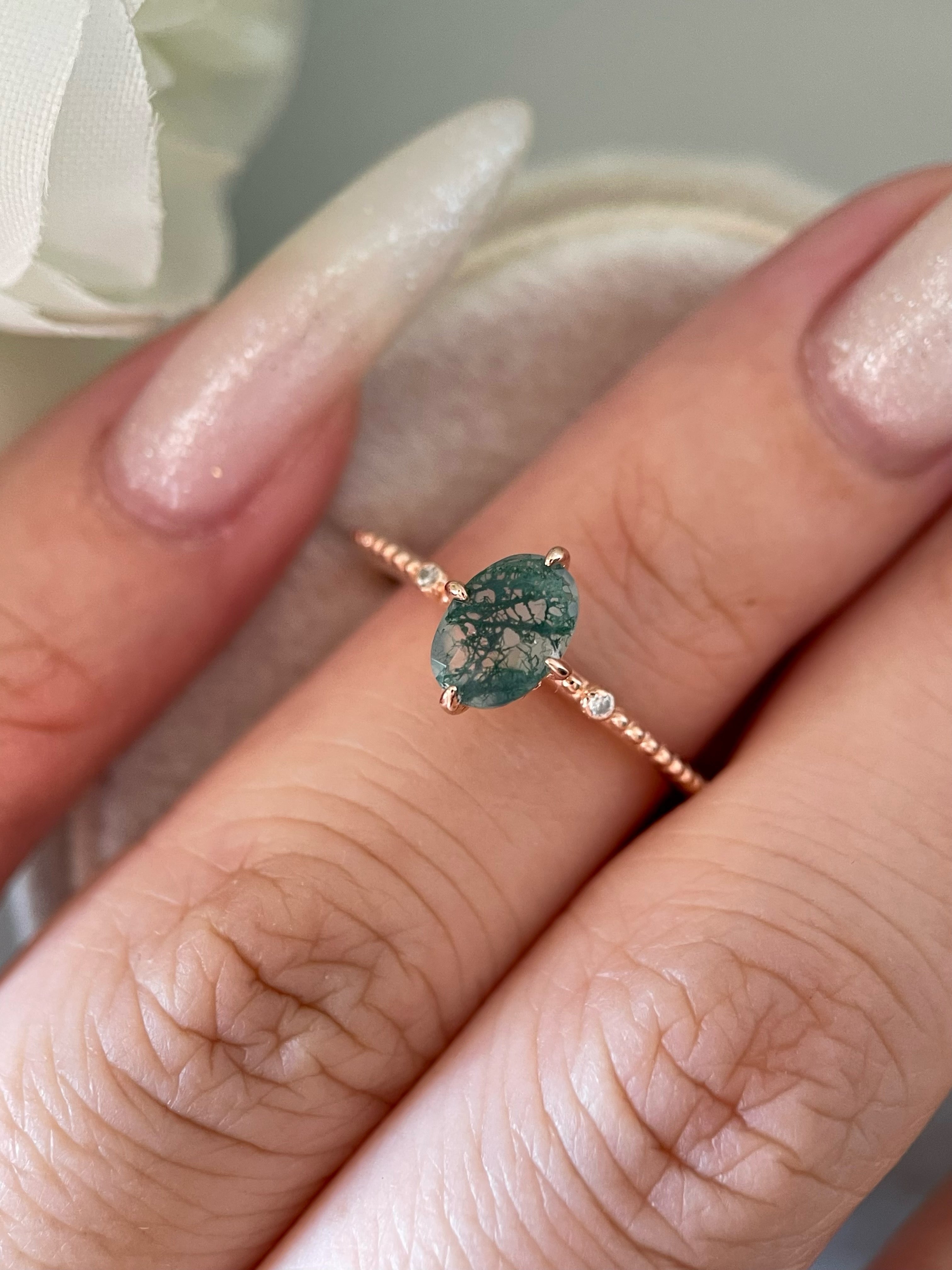 【Veridia】Unique Handmade Natural Moss Agate Engagement Ring 3ct Oval Cut
