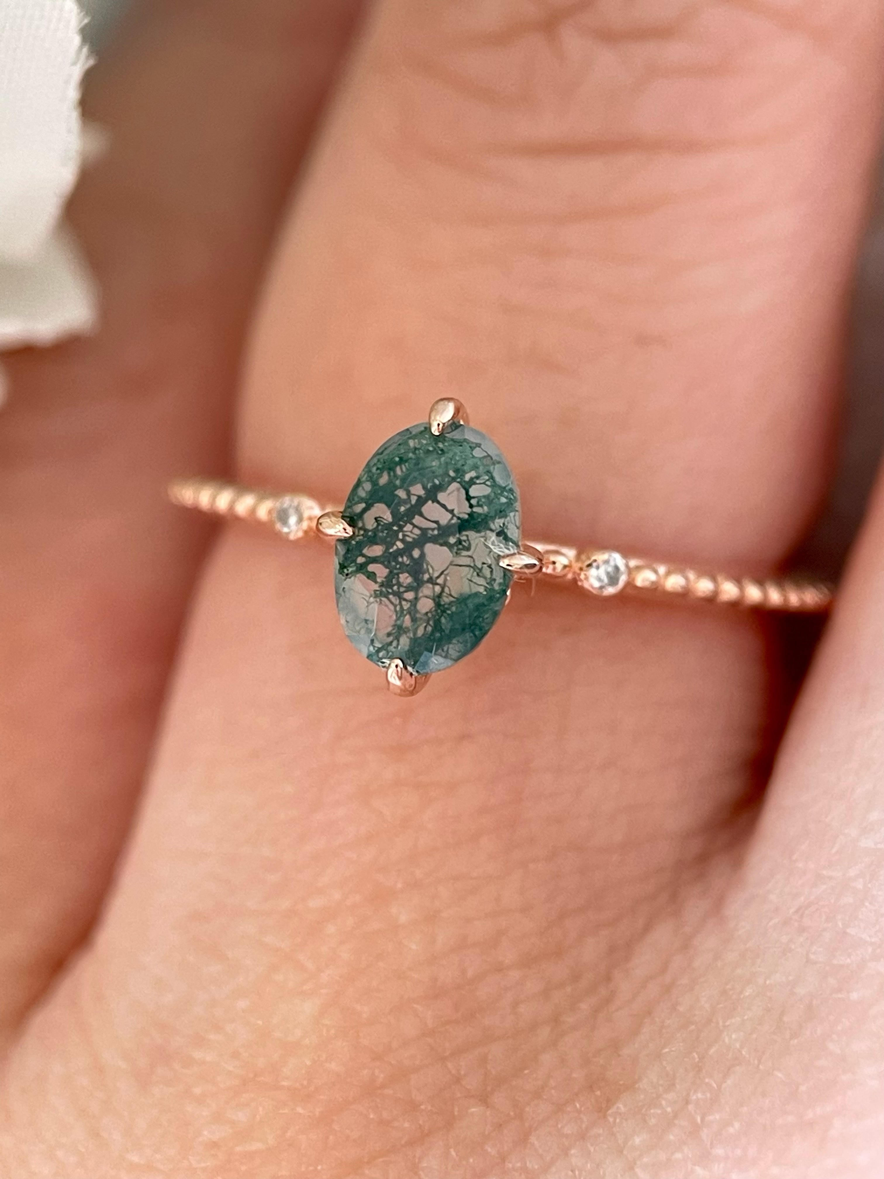 【Veridia】Unique Handmade Natural Moss Agate Engagement Ring 3ct Oval Cut