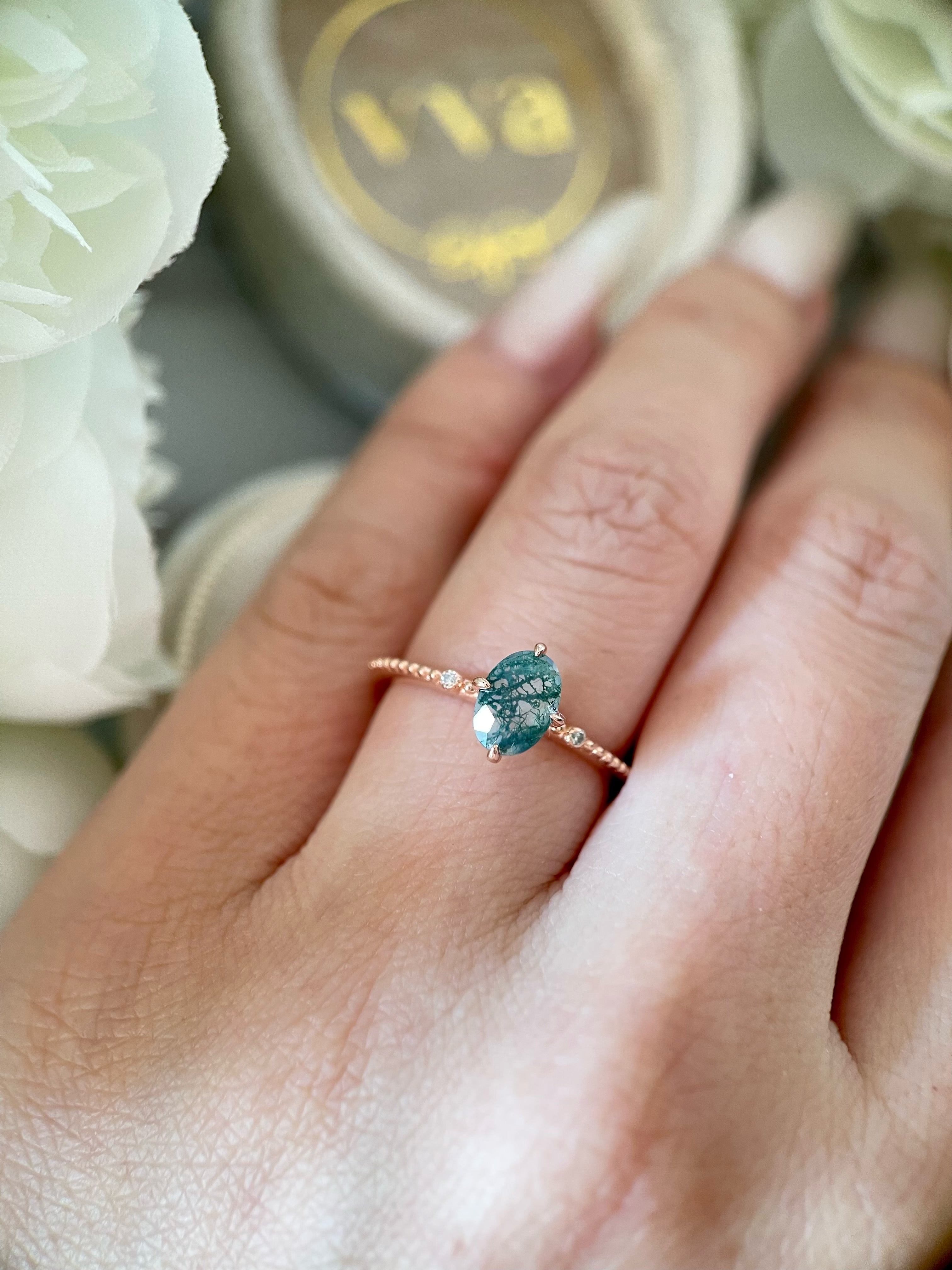 【Veridia】Unique Handmade Natural Moss Agate Engagement Ring 3ct Oval Cut