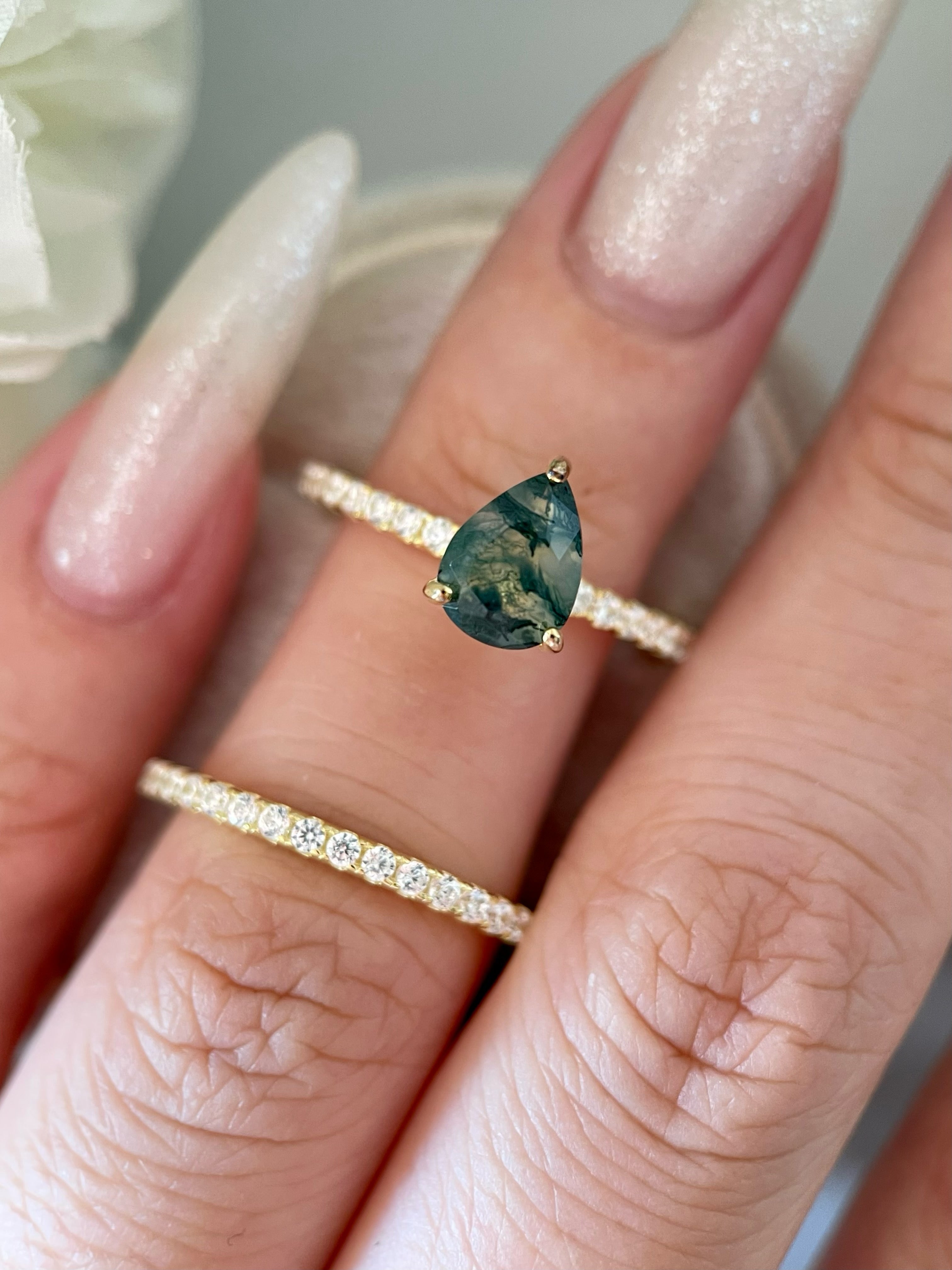 【Naiad Set】Unique Handmade Natural Moss Agate Engagement Ring Set 2pcs 0.8ct Pear Shape
