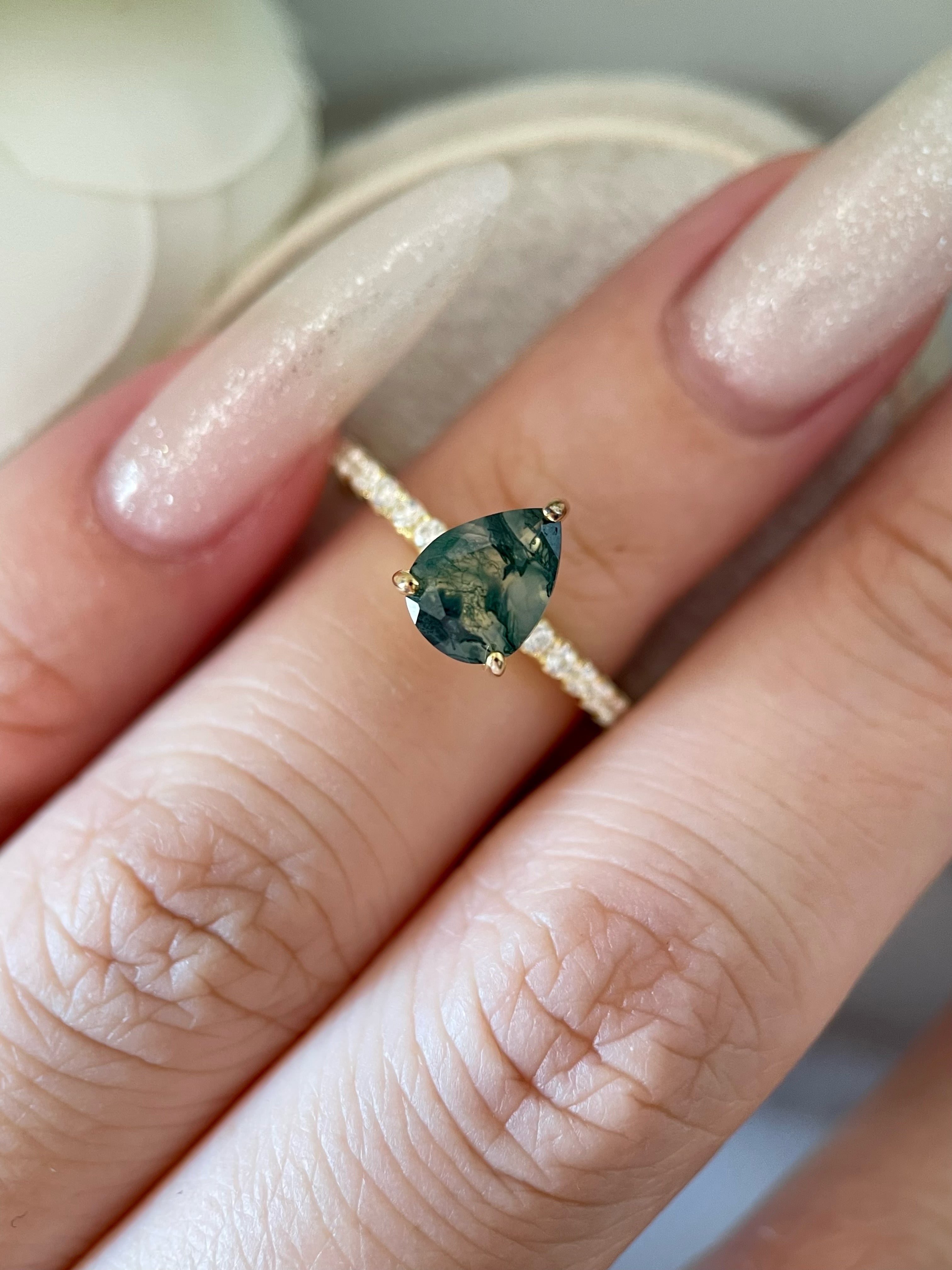 【Naiad】Unique Handmade Natural Moss Agate Engagement Ring 0.8ct Pear Cut