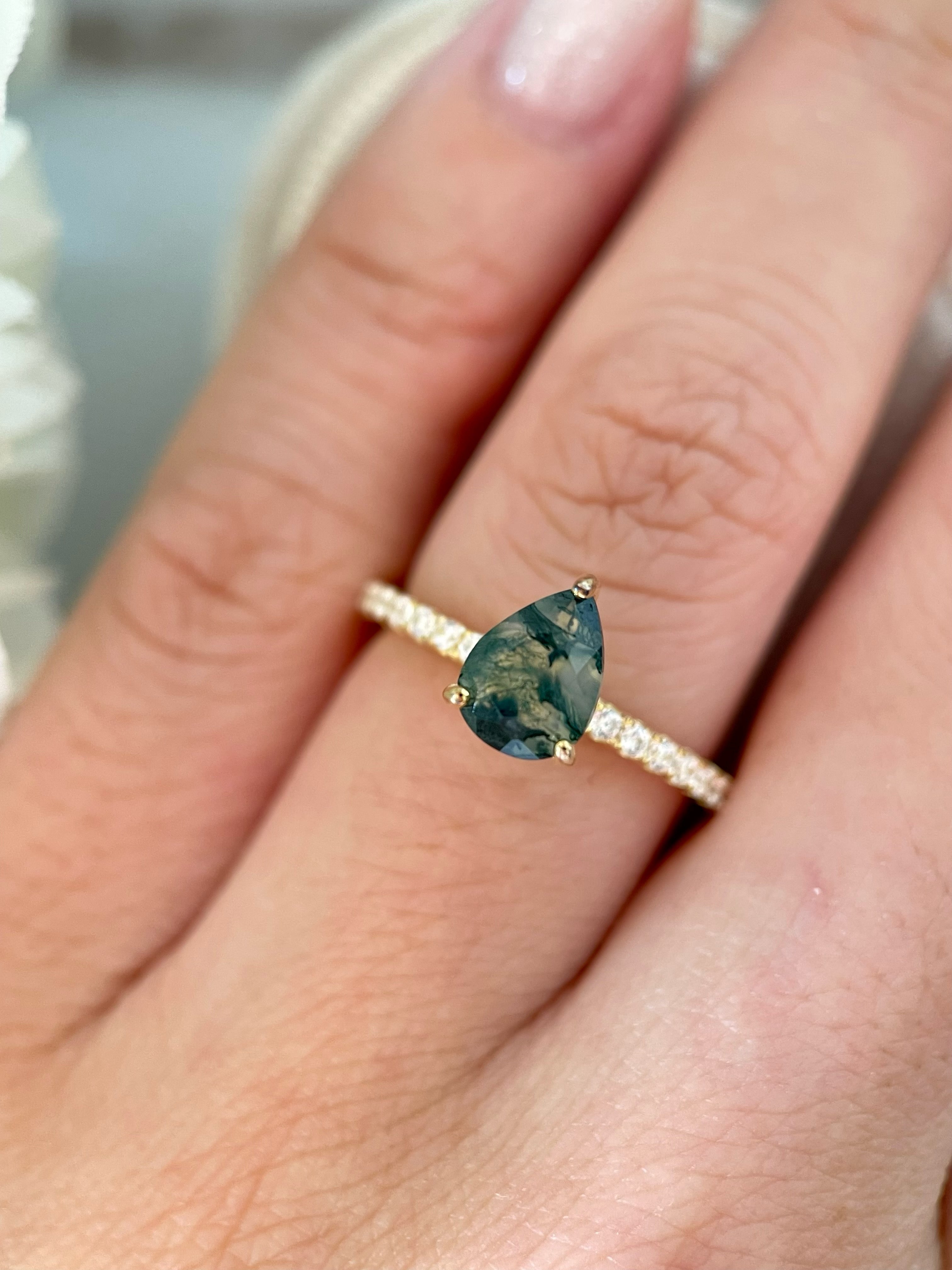 【Naiad】Unique Handmade Natural Moss Agate Engagement Ring 0.8ct Pear Cut