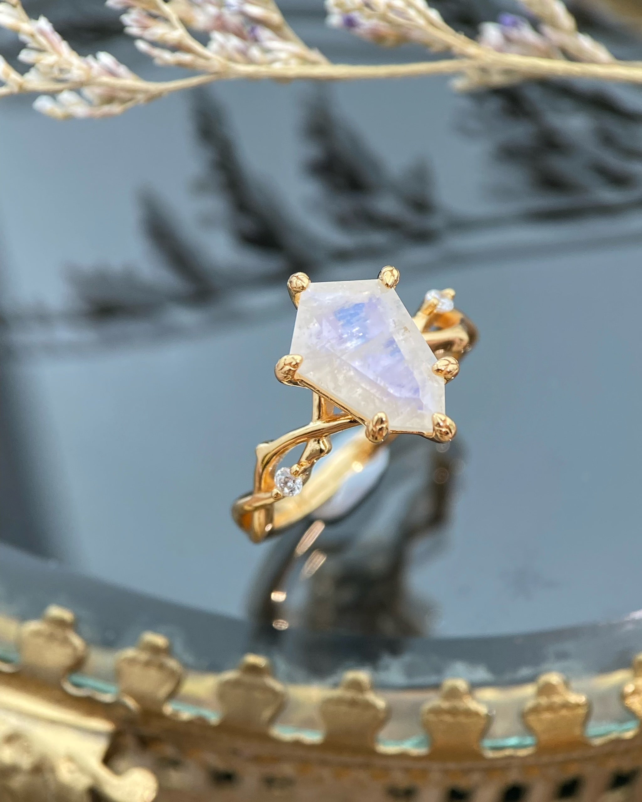 Phoibe | Vintage Elongated Hexagon Cut Moonstone Alternative Engagement Ring
