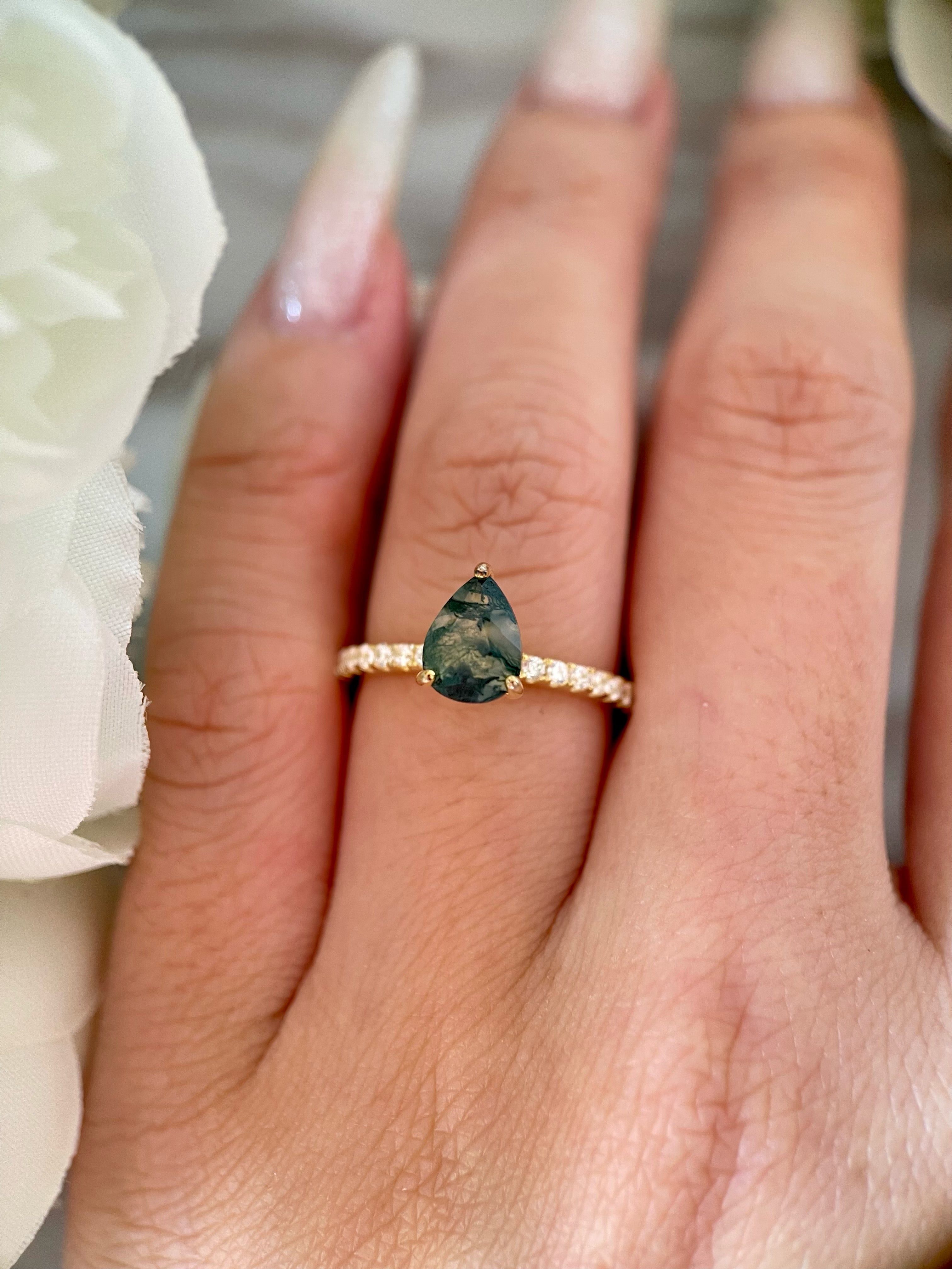 【Naiad】Unique Handmade Natural Moss Agate Engagement Ring 0.8ct Pear Cut