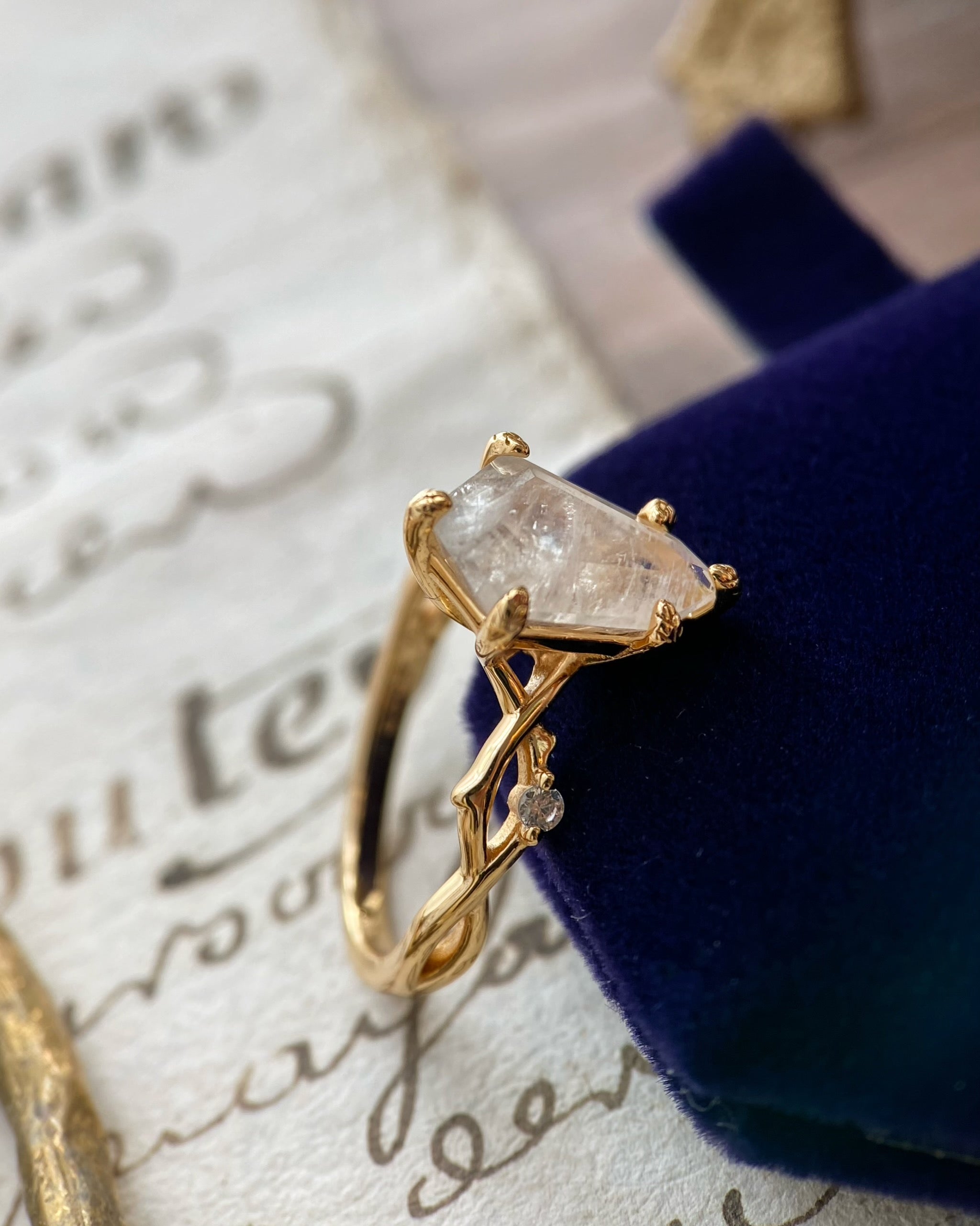 Phoibe | Vintage Elongated Hexagon Cut Moonstone Alternative Engagement Ring