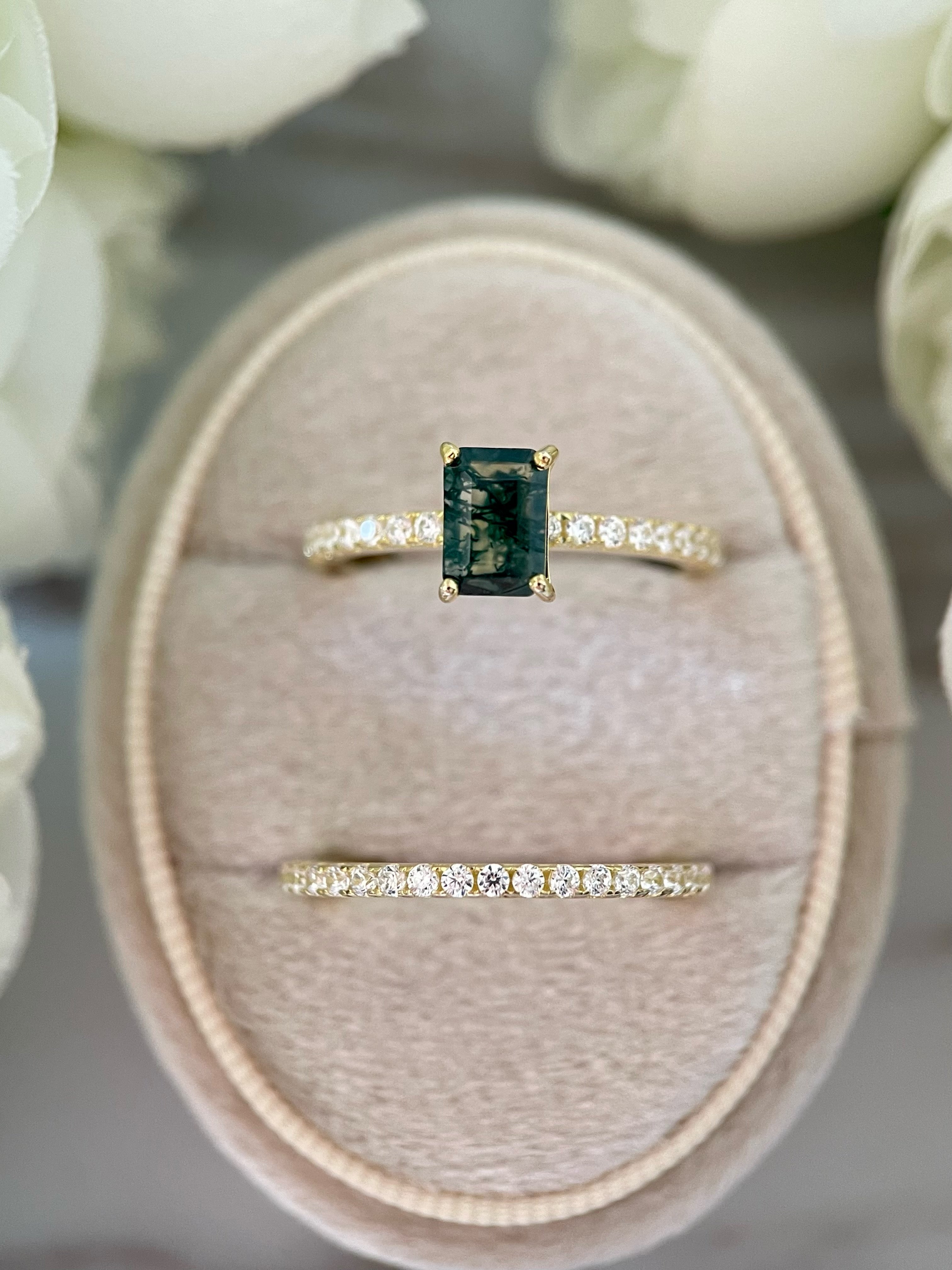 【Ensemble Laguna】Ensemble de 2 bagues de fiançailles uniques, faites à la main, en agate mousse naturelle, 1 carat, forme baguette