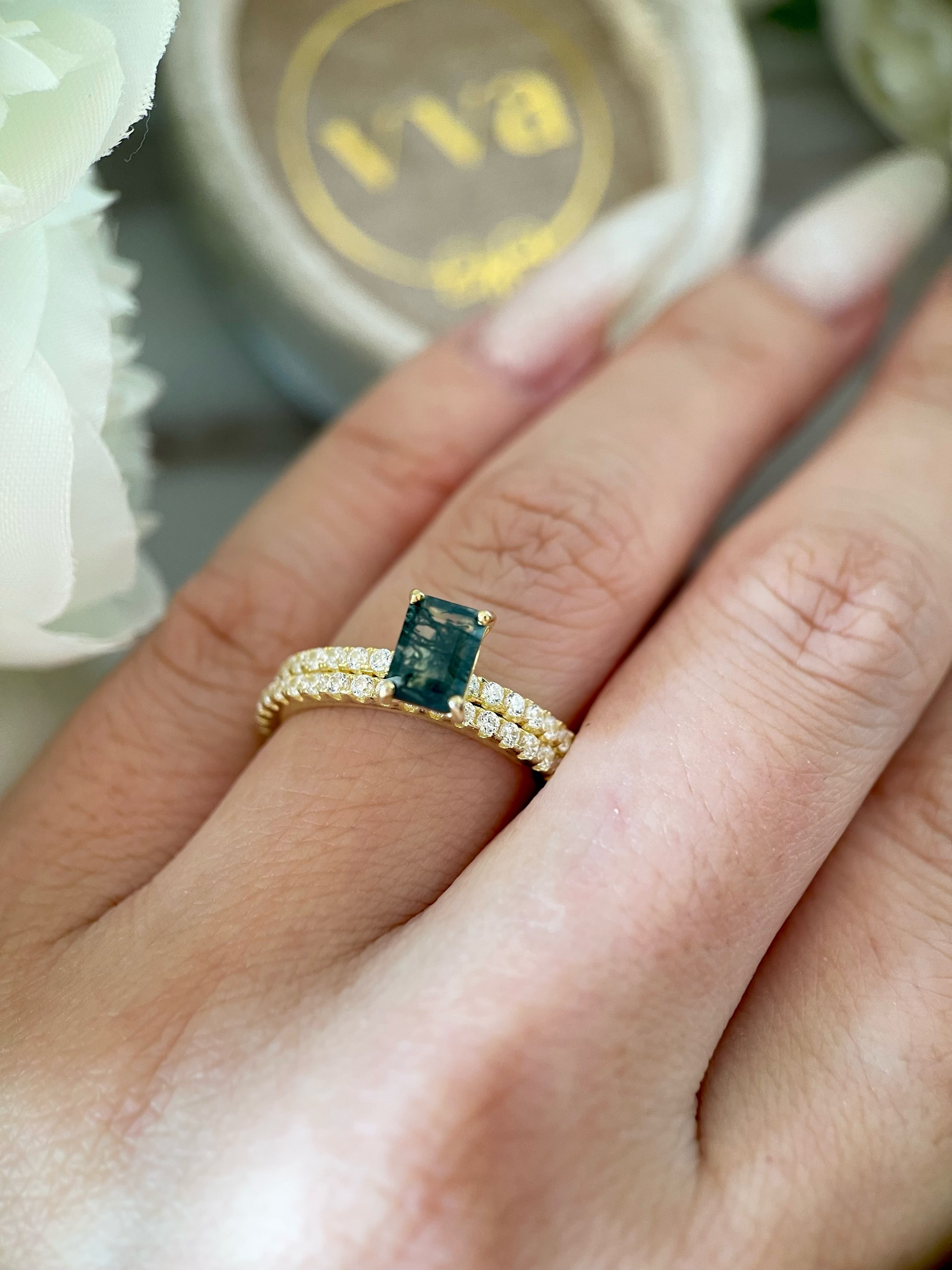 【Ensemble Laguna】Ensemble de 2 bagues de fiançailles uniques, faites à la main, en agate mousse naturelle, 1 carat, forme baguette