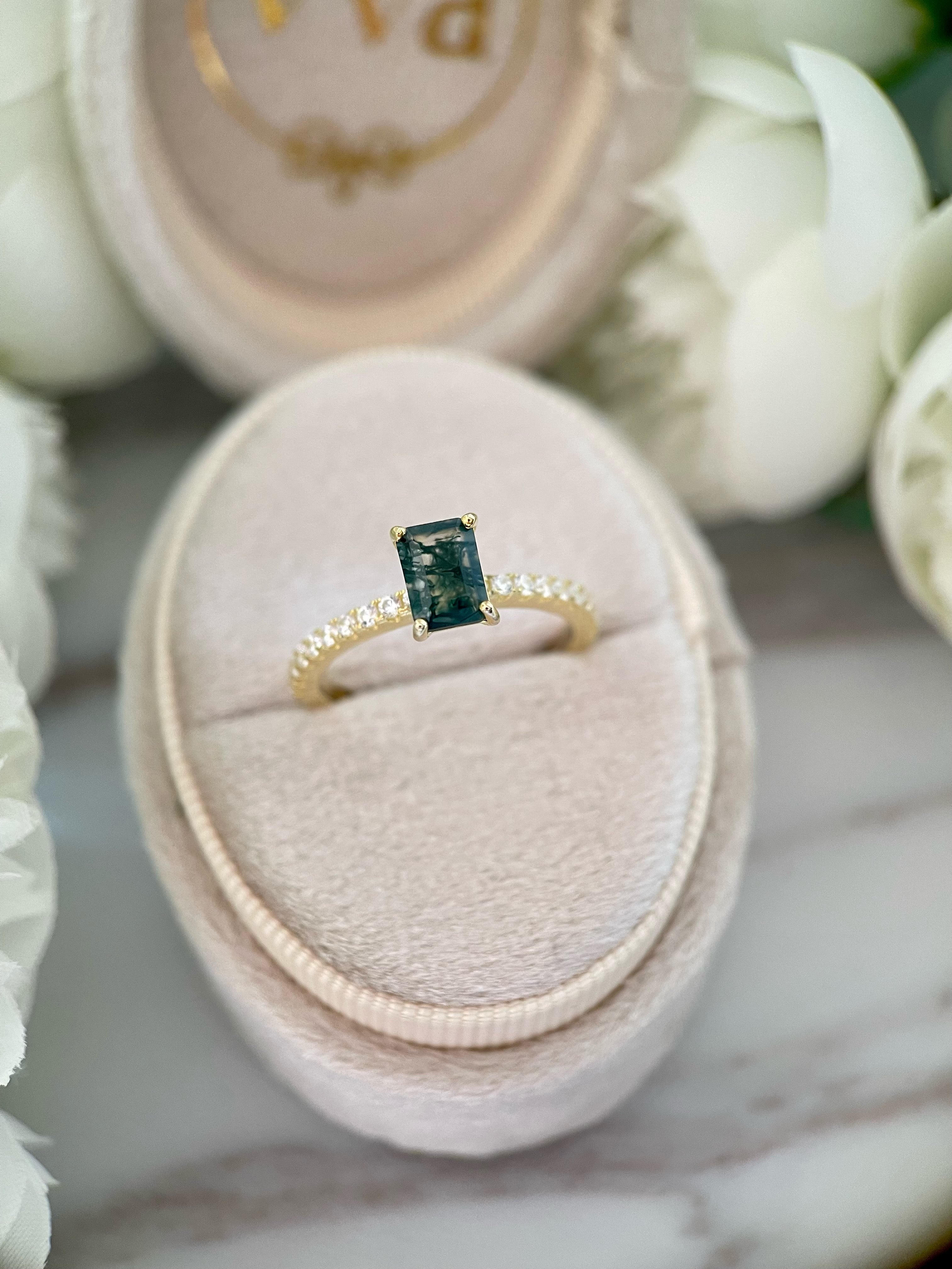 【Laguna】Unique Handmade Natural Moss Agate Engagement Ring 1ct Emerald Cut
