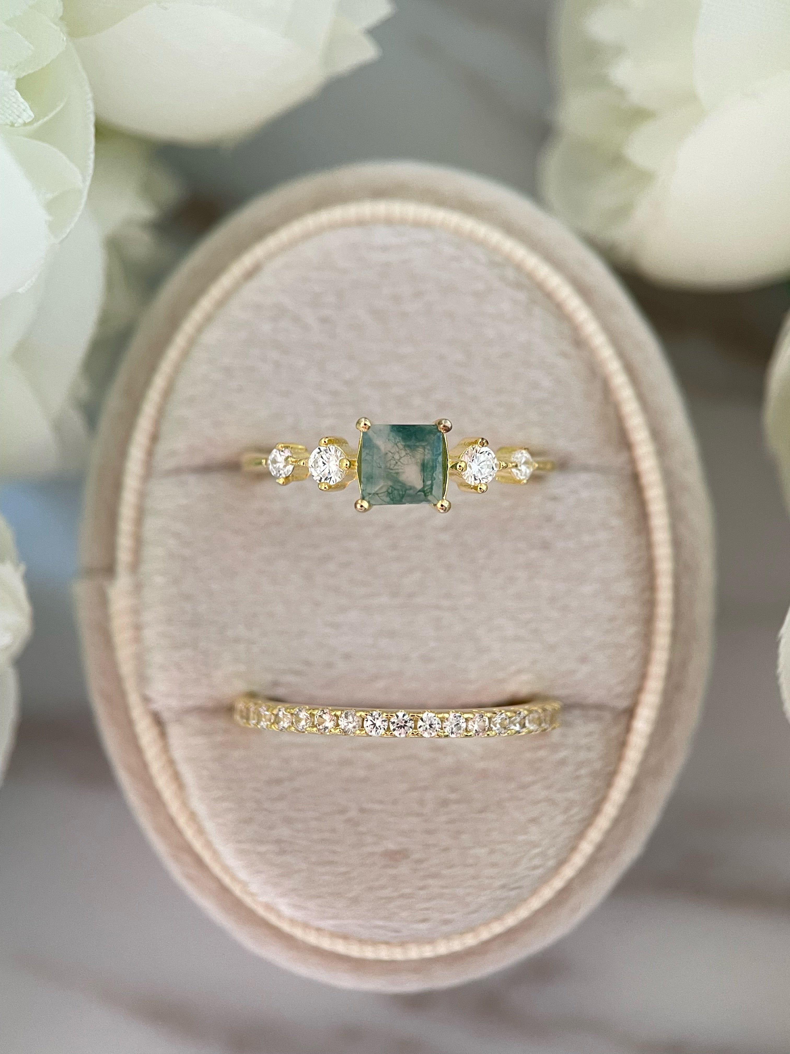 【Ensemble Jardin de Verdanite】Ensemble de bagues de fiançailles unique, fait main, en agate mousse naturelle, 2 pièces, 0,75 ct, forme princesse