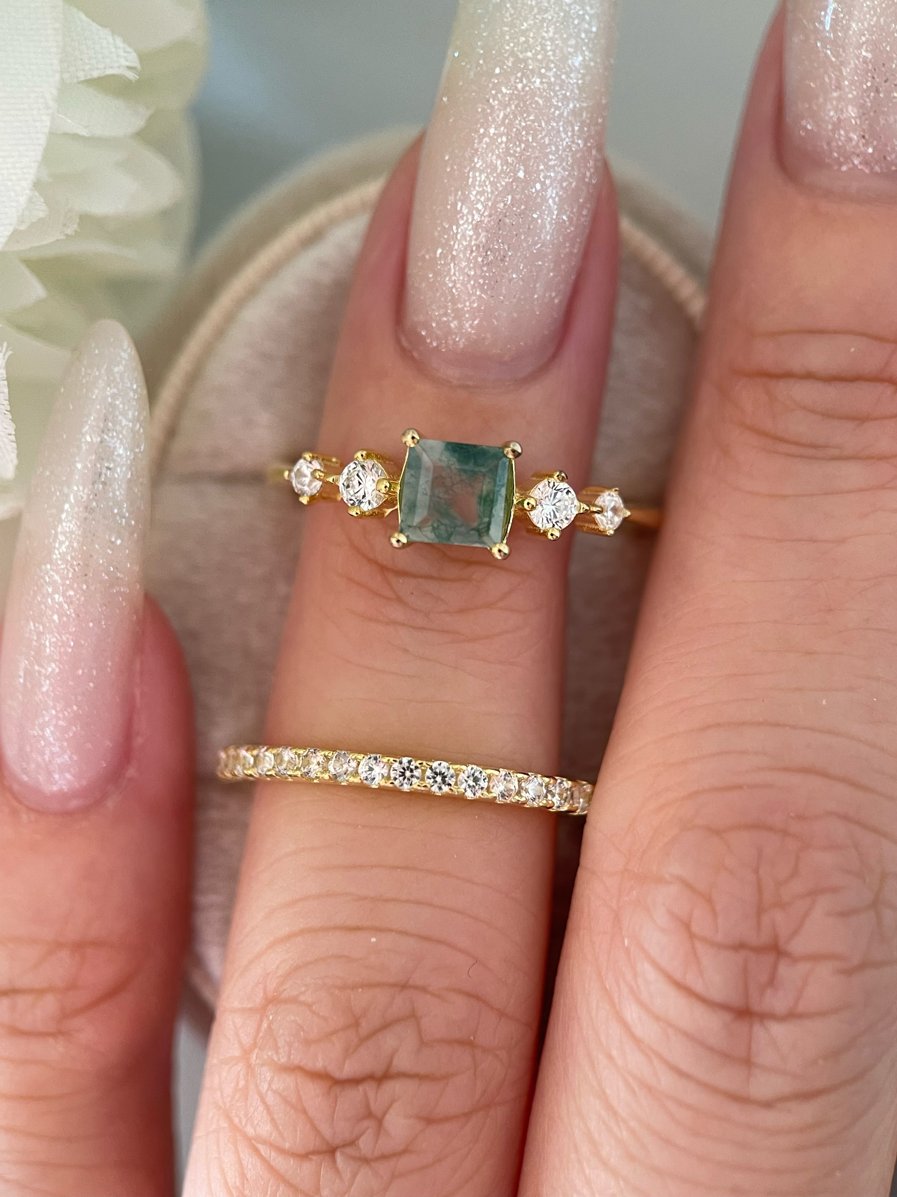 【Ensemble Jardin de Verdanite】Ensemble de bagues de fiançailles unique, fait main, en agate mousse naturelle, 2 pièces, 0,75 ct, forme princesse