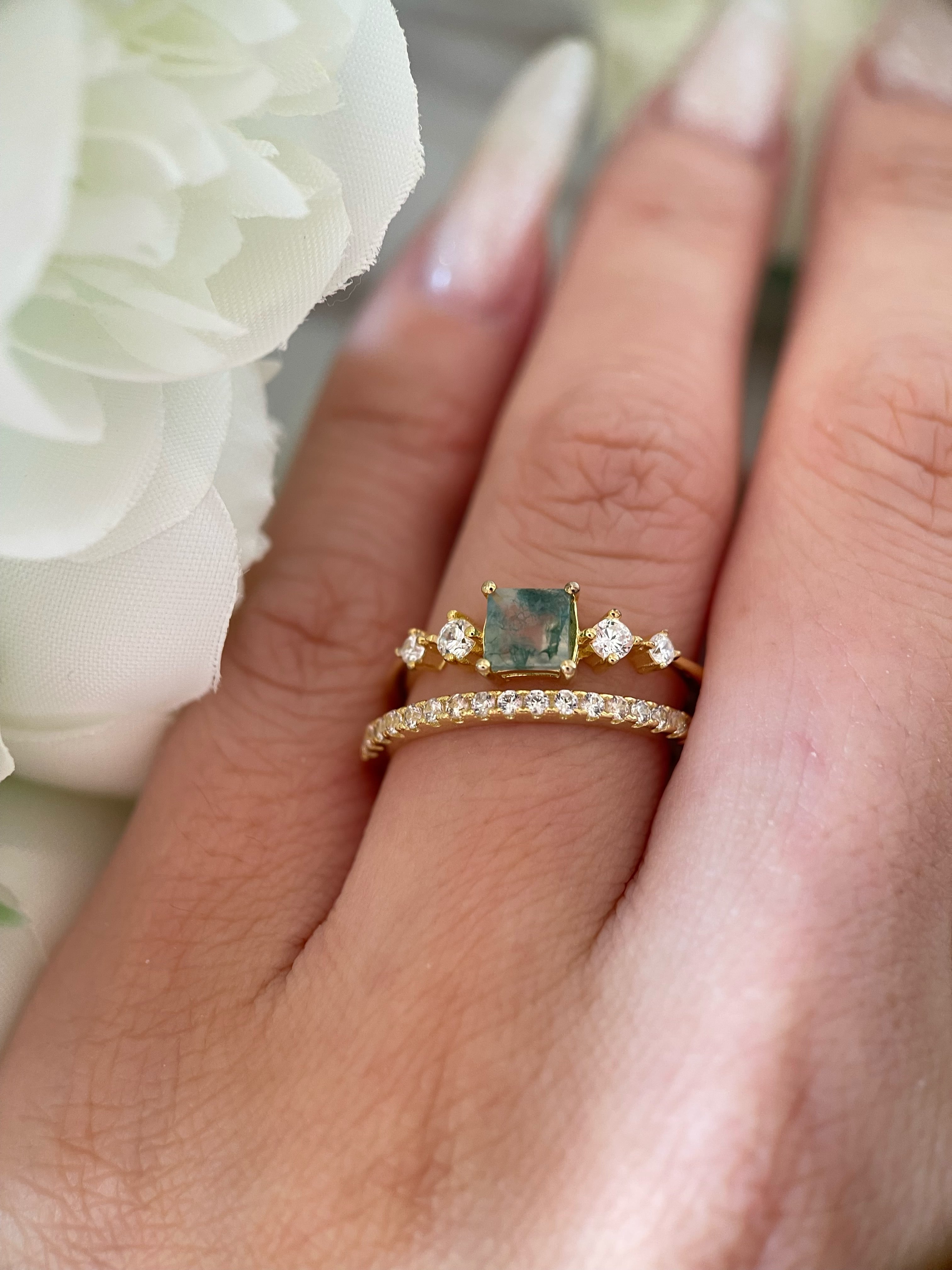 【Ensemble Jardin de Verdanite】Ensemble de bagues de fiançailles unique, fait main, en agate mousse naturelle, 2 pièces, 0,75 ct, forme princesse