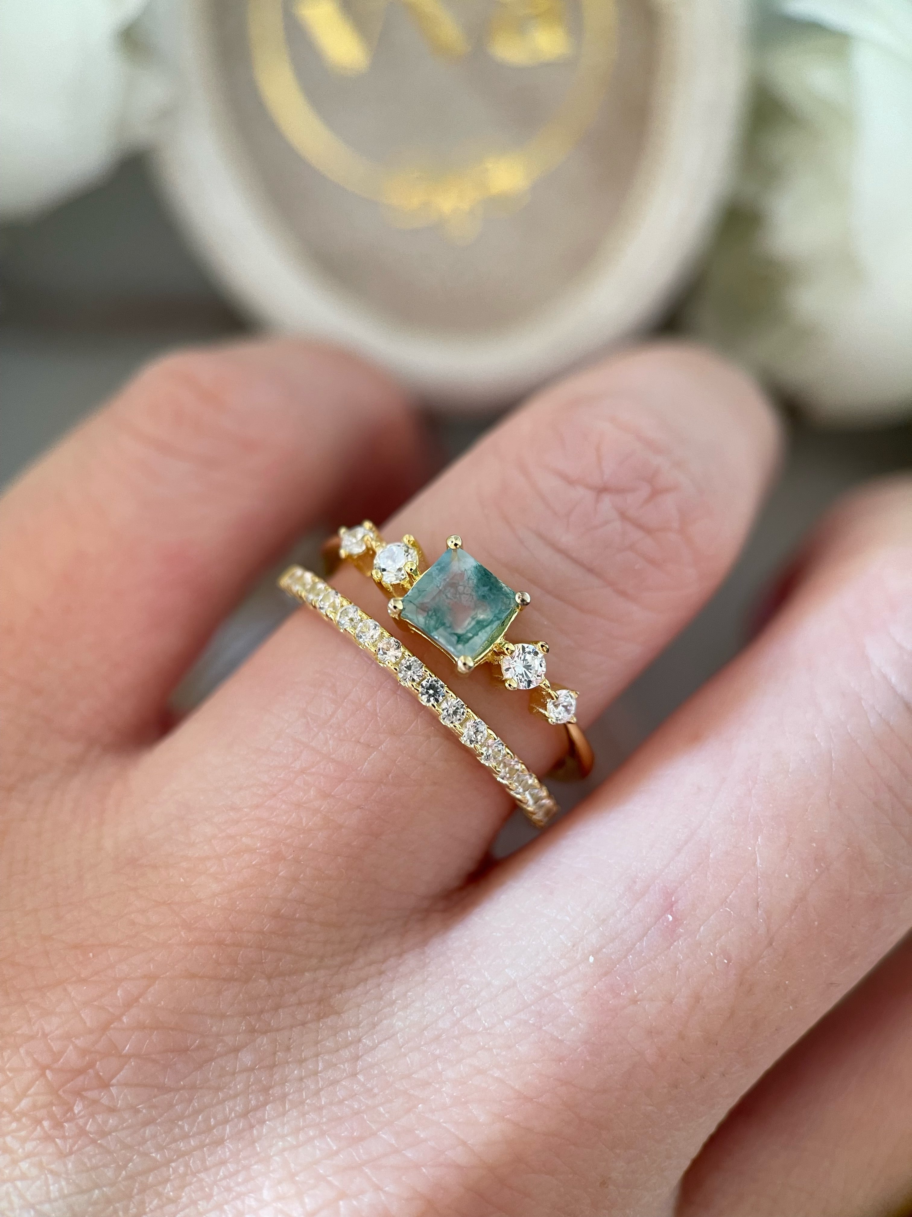 【Ensemble Jardin de Verdanite】Ensemble de bagues de fiançailles unique, fait main, en agate mousse naturelle, 2 pièces, 0,75 ct, forme princesse