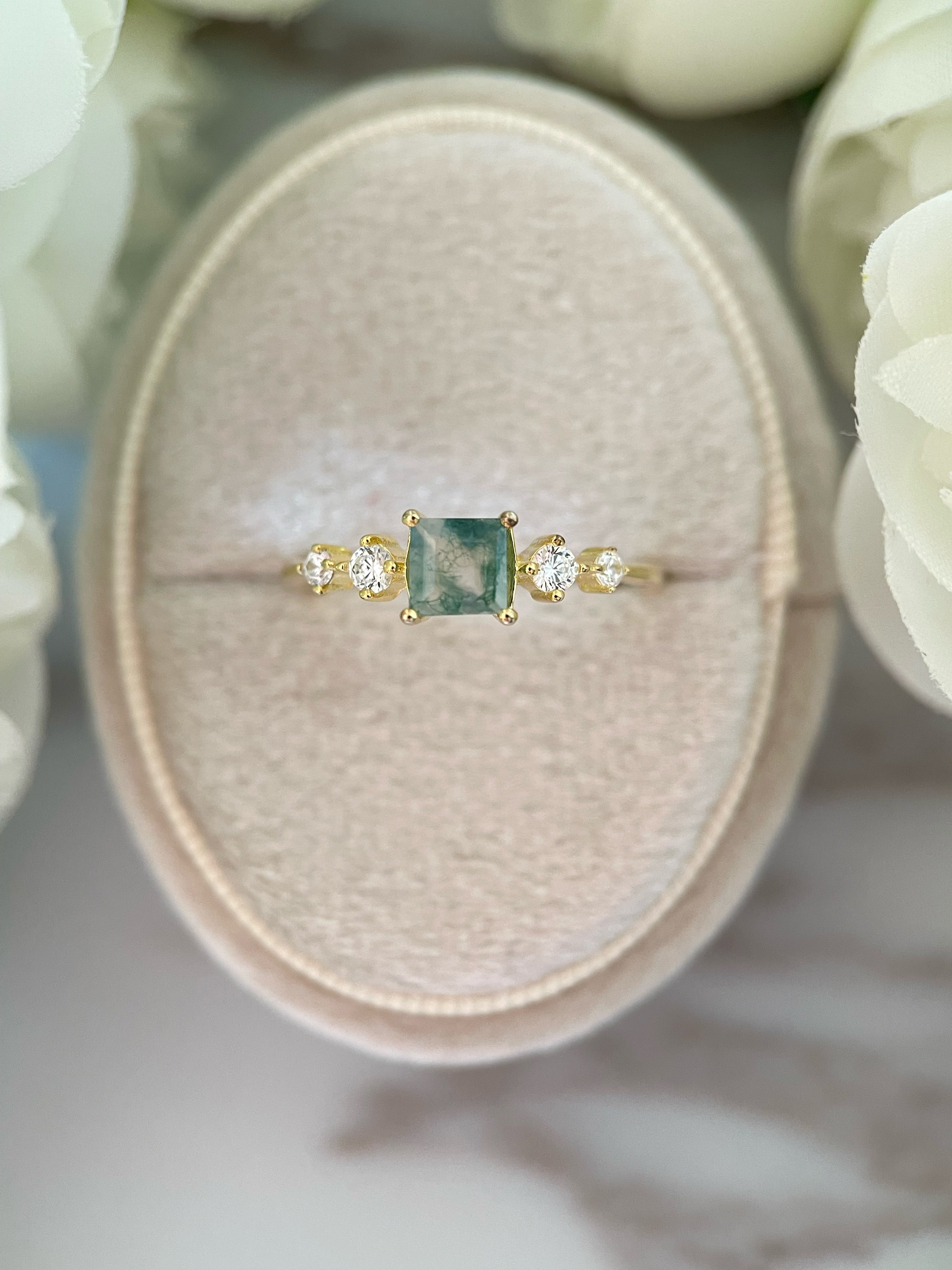 【Verdanite Garden】Unique Handmade Natural Moss Agate Engagement Ring 0.75ct Princess Cut