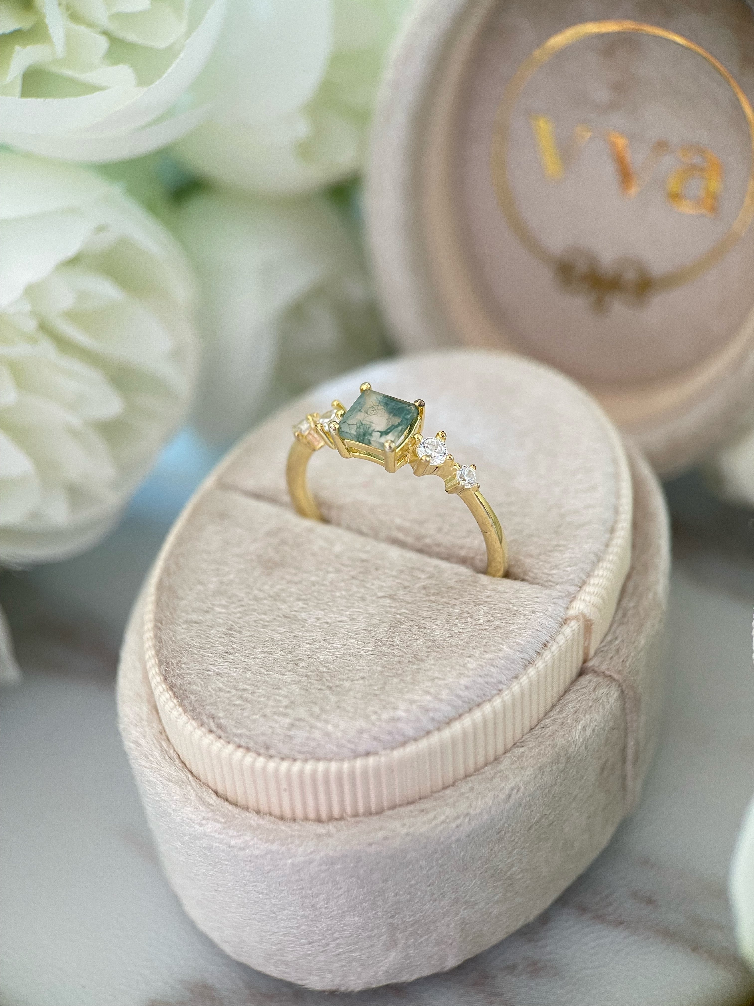 【Verdanite Garden】Unique Handmade Natural Moss Agate Engagement Ring 0.75ct Princess Cut