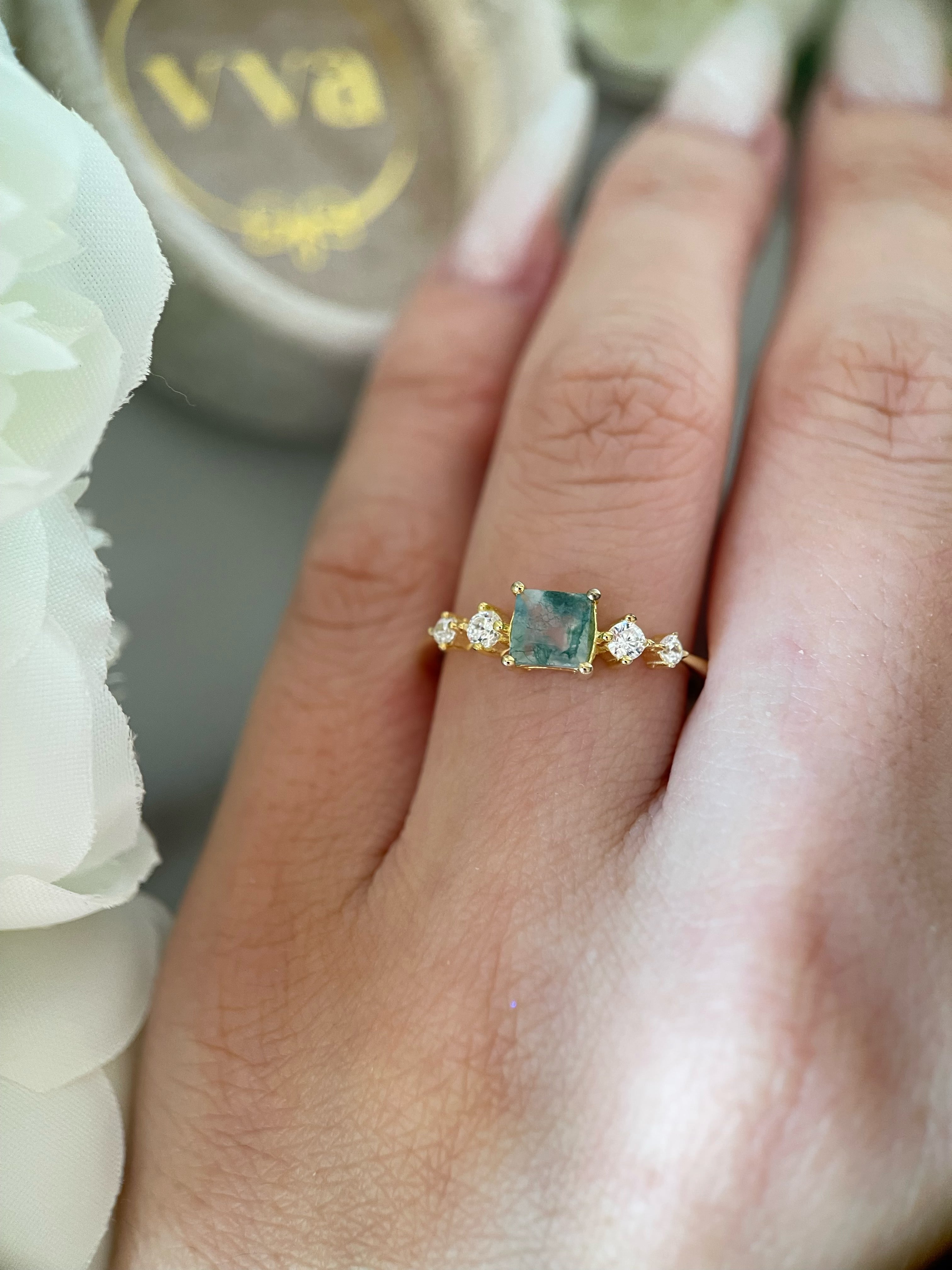 【Verdanite Garden】Unique Handmade Natural Moss Agate Engagement Ring 0.75ct Princess Cut