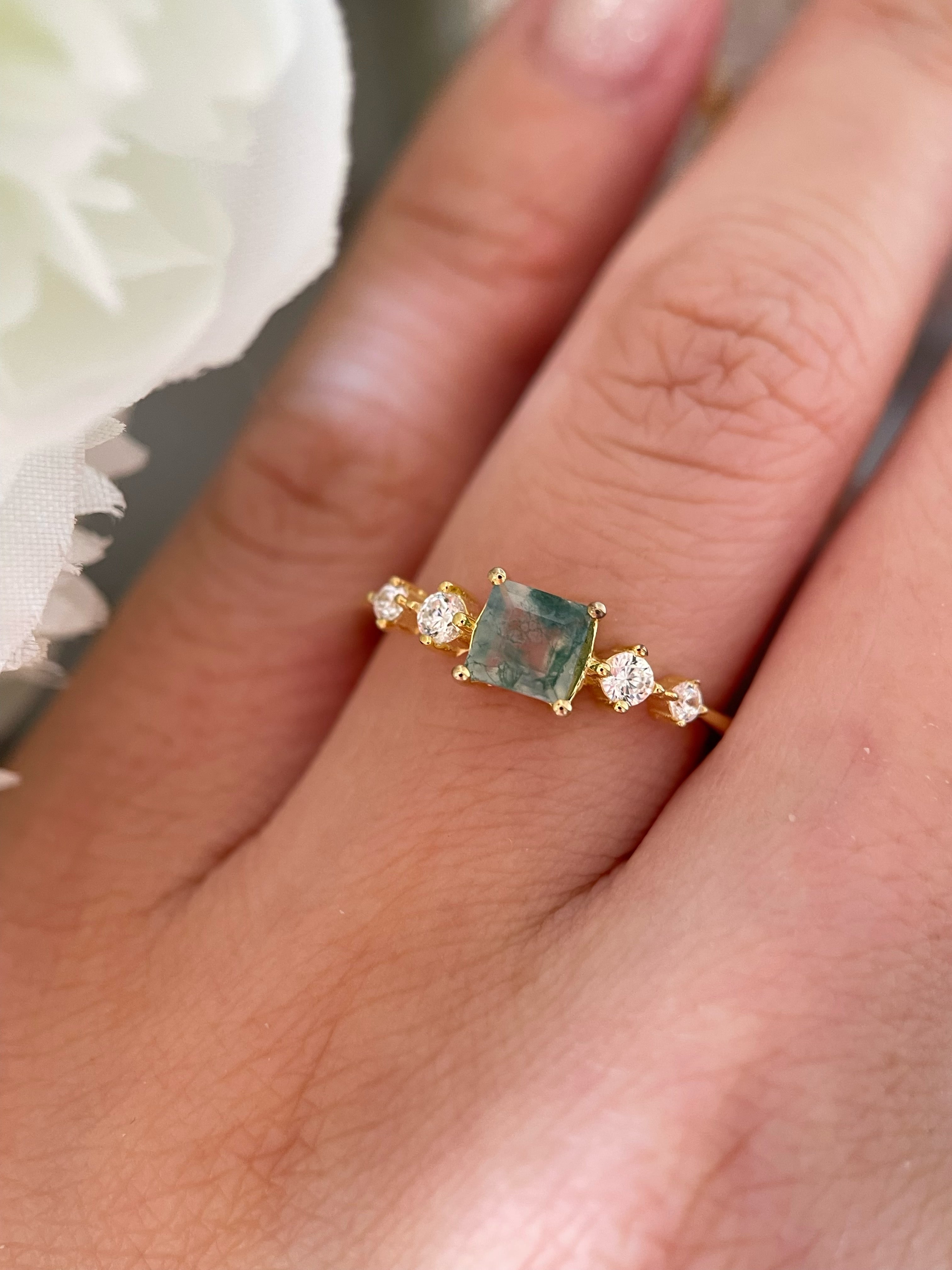 【Verdanite Garden】Unique Handmade Natural Moss Agate Engagement Ring 0.75ct Princess Cut